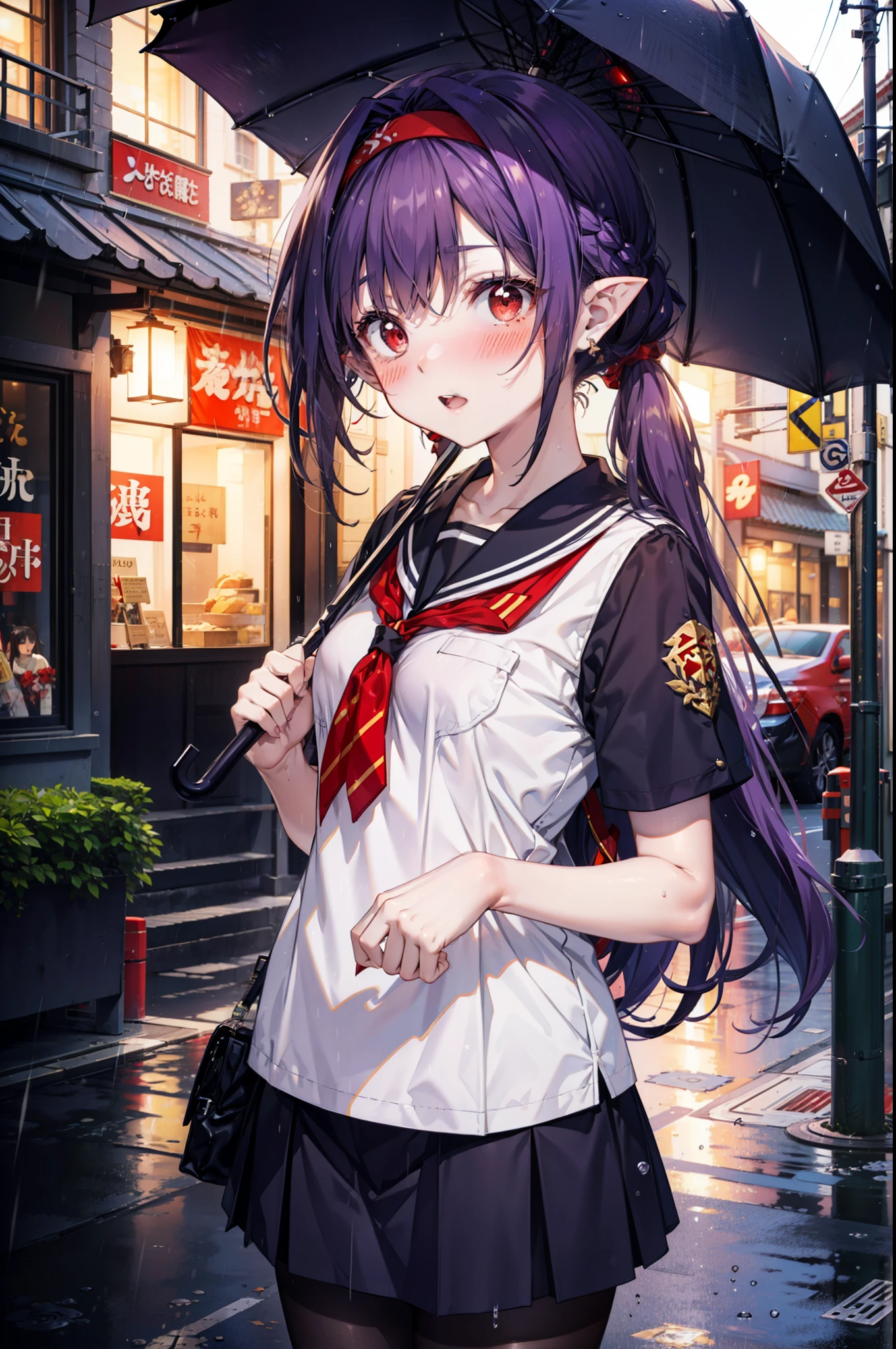 yuukikonno, Yuki Konno, hair band, Long Hair, Pointy Ears, Purple Hair,blush, Embarrassing,(Red eyes:1.5), (Small breasts:1.2), Open your mouth, uniform(Black sailor suit),Short sleeve,Black pleated skirt,black tights,Brown Loafers,rain,cloudy,umbrella,whole bodyがイラストに入るように,
break looking at viewer,  whole body,Upper Body,(Cowboy Shot:1. 5)
break outdoors, city,Building Street,
break (masterpiece:1.2), highest quality, High resolution, unity 8k wallpaper, (shape:0.8), (Fine and beautiful eyes:1.6), Highly detailed face, Perfect lighting, Highly detailed CG, (Perfect hands, Perfect Anatomy),