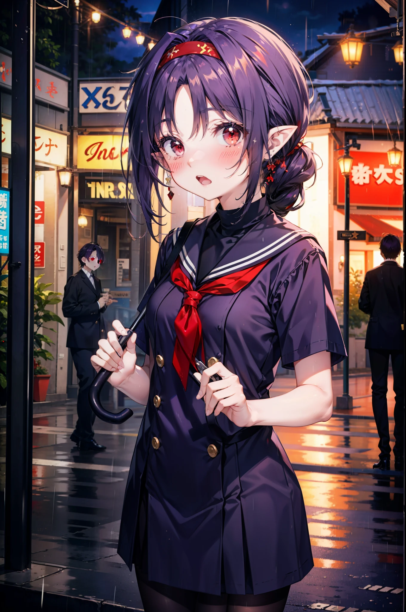 yuukikonno, Yuki Konno, hair band, Long Hair, Pointy Ears, Purple Hair,blush, Embarrassing,(Red eyes:1.5), (Small breasts:1.2), Open your mouth, uniform(Black sailor suit),Short sleeve,Black pleated skirt,black tights,Brown Loafers,rain,cloudy,umbrella,whole bodyがイラストに入るように,
break looking at viewer,  whole body,Upper Body,(Cowboy Shot:1. 5)
break outdoors, city,Building Street,
break (masterpiece:1.2), highest quality, High resolution, unity 8k wallpaper, (shape:0.8), (Fine and beautiful eyes:1.6), Highly detailed face, Perfect lighting, Highly detailed CG, (Perfect hands, Perfect Anatomy),