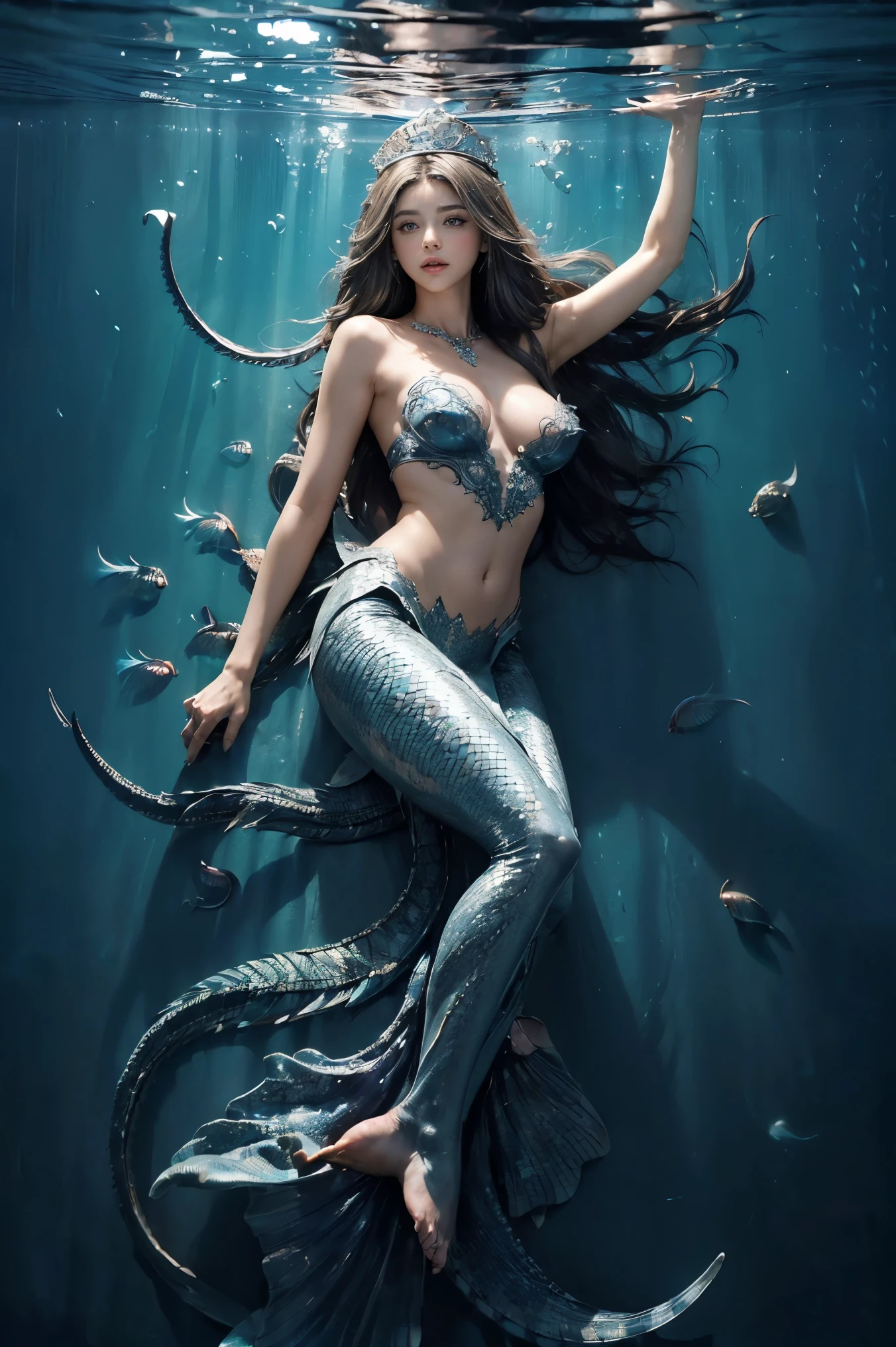 ((masterpiece, highest quality, Highest image quality, High resolution, photorealistic, Raw photo, 8K)), ((Extremely detailed CG unified 8k wallpaper)), (huge stunning goddess shot, very hot and sexy, jaw-dropping beauty, perfect proportions, beautiful body, slim body beauty:1.4), a ((mermaid princess)) with long flowing hair, detailed facial features, ((The lower half is fish without legs, intricate tail scales:1.5)), elegant crown, underwater seascape, 