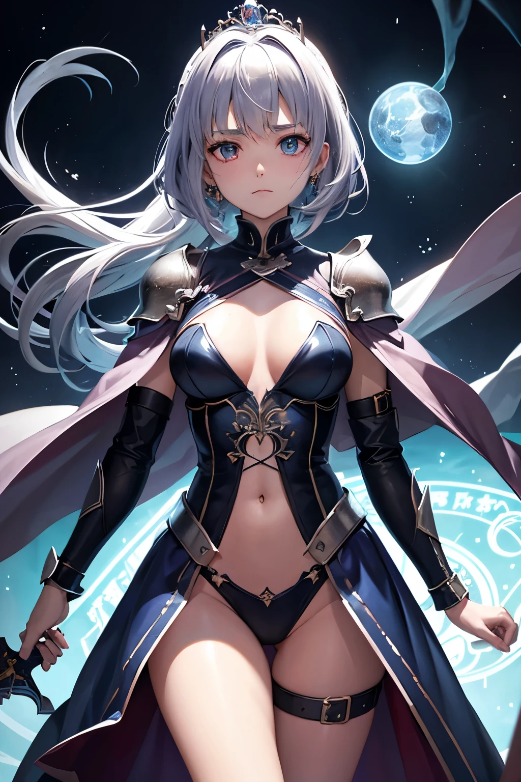 (((highest quality、first-clasasterpiece、Normal body、8k、Detailed face、Ultra-precision、Normal hand、Normal finger、5Finger、)))Brightly colored hair、Silver-turquoise hair、Short Hair、Shortcuts、Sleeping habit head、Unshaven Head、Small breasts、Beautiful body、Brave、Brave Princess Knight、A sad expression、A look of amusement、Moist eyes、Legendary Sword、Sword of Light、Dragon Sword、Sword and magic circle、Magic Sword、The Great Magic of Light、huge magic circle、Shiny Tiara、Silver Breastplate、knight armor、Dress Armor、metalic armor、Armor Skirt、Silver Leotard、Navel-baring leotard、Green belt、Silver Half Cloak、Evil Eye、Blue and scarlet odd eyes、Magic circle pattern on eyes、Demon King's Castle、Evil Cave、Swinging a Sword、Sweep with a sword、In combat、Heart mark on uterus、Heart pattern on abdomen、Heart tattoo on belly、Heart mark on navel、The Cursed Princess Knight、The Curse of Passion、Princess Knight Under a Spell、Princess Knight Trapped in a Spell、Chains in both hands、Caught in chainysterious World、Pink in the Brain、Walking Obscenity、Lewd temperament、Masochistic temperament、Always in heat、defeat wish、training desire、Obscene delusions、Trembling and trembling、I'm trembling、I'm twitching with pleasure、Vibrating expression