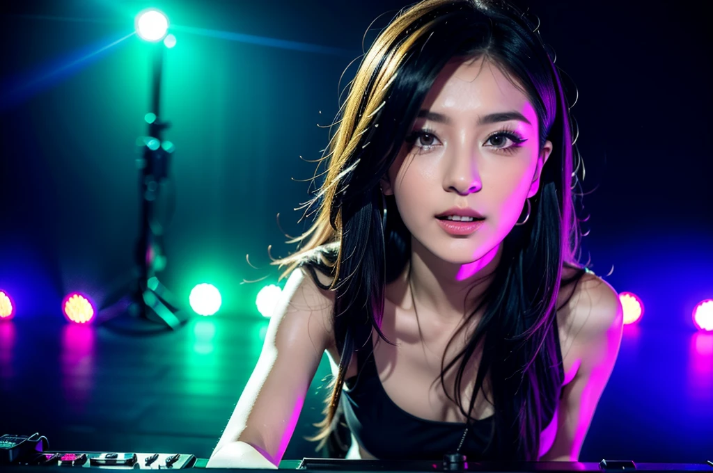 (best quality,4k,8k,highres,masterpiece:1.2),ultra-detailed,(realistic,photorealistic,photo-realistic:1.37),A girl DJ with musical instruments,vibrant colors,studio lighting,bokeh,detailed face expression,dynamic pose,futuristic headphones,energetic dance floor,professional equipment,electric atmosphere,dancing crowd,strobing lights in the background,shining stage,sparkling disco ball,playful and lively mood,smoke machine,superb sound system,laser effects,jumping bass,electronic beats,clubbing theme,vivid colors,neon lights.