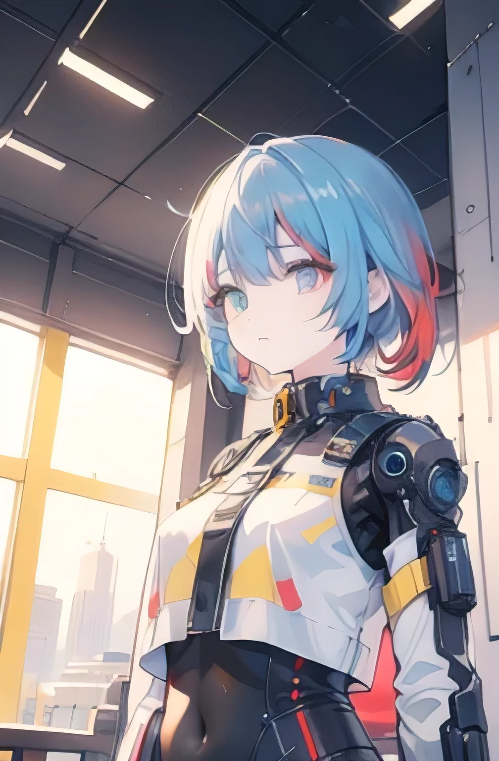 (1girl),character, (masterpiece:1.3), (best cinematic quality:1.2), (extremely detailed setting:2), (soft+artistic lighting),short blue haired, (eyes+yellow+red:1.4), (multicolored eyes+heterochromia), wearing cyberpunk clothes, futuristic, technological, city scenery with (robots around)0.4], giving dramatic scenery.