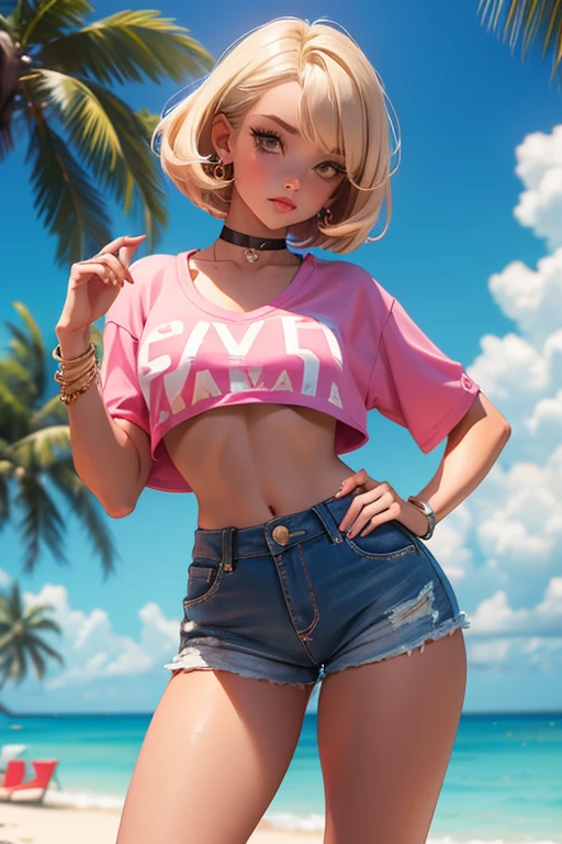 age girl-model 18 years old, beautiful, blonde, bob hair, bangs, brown eyes, beautiful figure, girl wearing crop shirt and too short mini shorts, beautiful long legs, slave bracelets, slave choker, manicure, cute makeup, flirtatiously posing, hot summer, hot flirty, sexy posing, summer outfit, top quality, higest quality, pin-up style, retro 80s style, Daisy Dukes style, slave girl, Miami vibes,