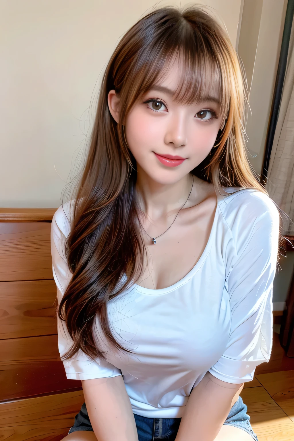 ((Full Body Angle))、((highest quality, 8K, masterpiece: 1.3)), concentrated: 1.2, Cute girl 1,Nipples erect、 Perfect beauty: 1.4,Cut and sewn T-shirt Raglan sleeve summer short sleeve T-shirt.Shorts: 1.2,Long sleeve、Randall Color、comics&Text Graphics、Black ruffle-trimmed drawstring zip blouse,1.1, Highly detailed face and skin textures, Fine grain, double eyelid, whitening skin, ,highest quality,Ultra-high resolution,you,1 girl,alone,_Shiny_skin,Iris,necklace,((Brown_length_Wavy_hair)),(lips)),eyelash,Front hair,deal with,compensate,Shiny,pore,skin texture,Large Breasts、smiling face、