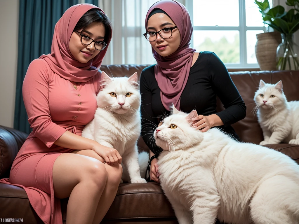 Design a heartwarming scene as the young Malay woman in pastel color hijab interacts with her beloved very big cat pet, very big fluffy white persian cat, very cute Malay woman with beautiful , wear modest baju kurung, wear glasses, big round glasses, , beer belly, small waist, slim, wide hips, thick thighs, showcasing the bond between them in a cozy home setting, bright lighting, happy, 8k, high quality, ray lighting,