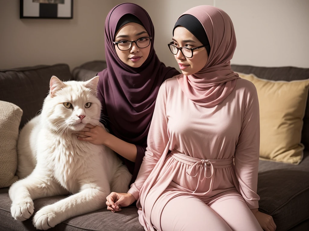 Design a heartwarming scene as the young Malay woman in pastel color hijab interacts with her beloved very big cat pet, very big fluffy white persian cat, very cute Malay woman with beautiful , wear modest baju kurung, wear glasses, big round glasses, , beer belly, small waist, slim, wide hips, thick thighs, showcasing the bond between them in a cozy home setting, bright lighting, happy, 8k, high quality, ray lighting,