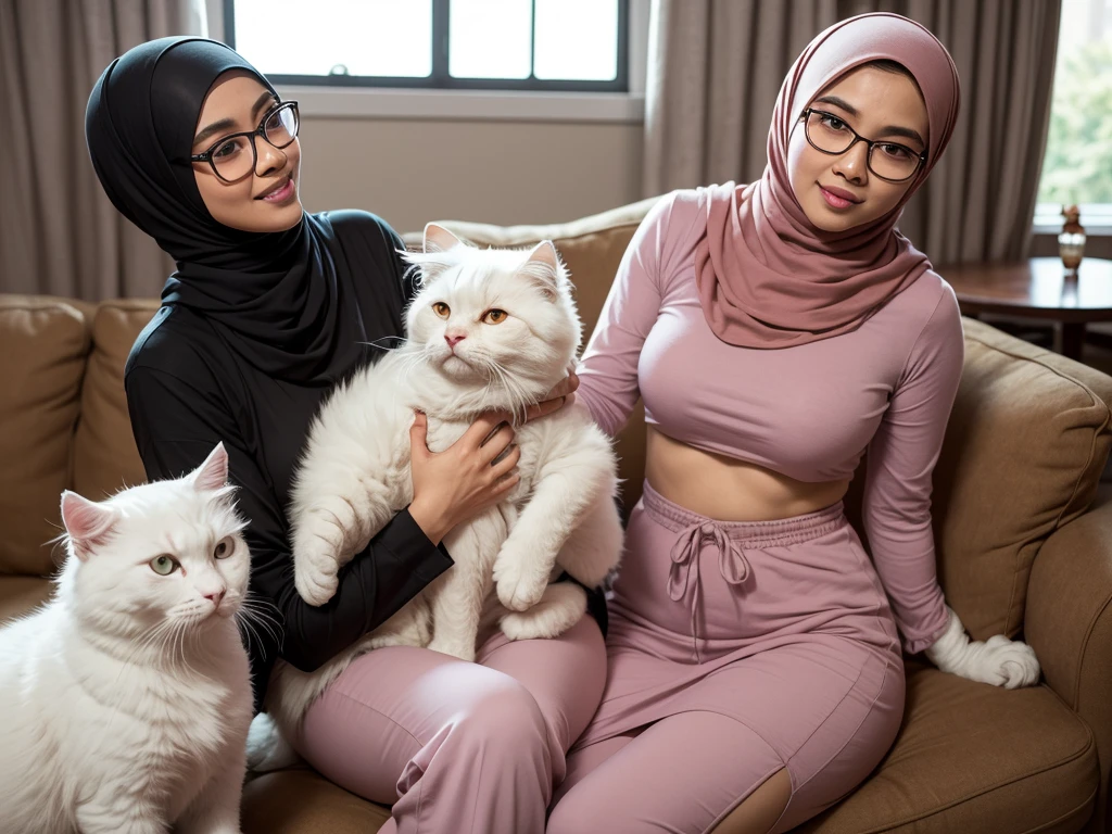 Design a heartwarming scene as the young Malay woman in pastel color hijab interacts with her beloved very big cat pet, very big fluffy white persian cat, very cute Malay woman with beautiful , wear modest baju kurung, wear glasses, big round glasses, , beer belly, small waist, slim, wide hips, thick thighs, showcasing the bond between them in a cozy home setting, bright lighting, happy, 8k, high quality, ray lighting,