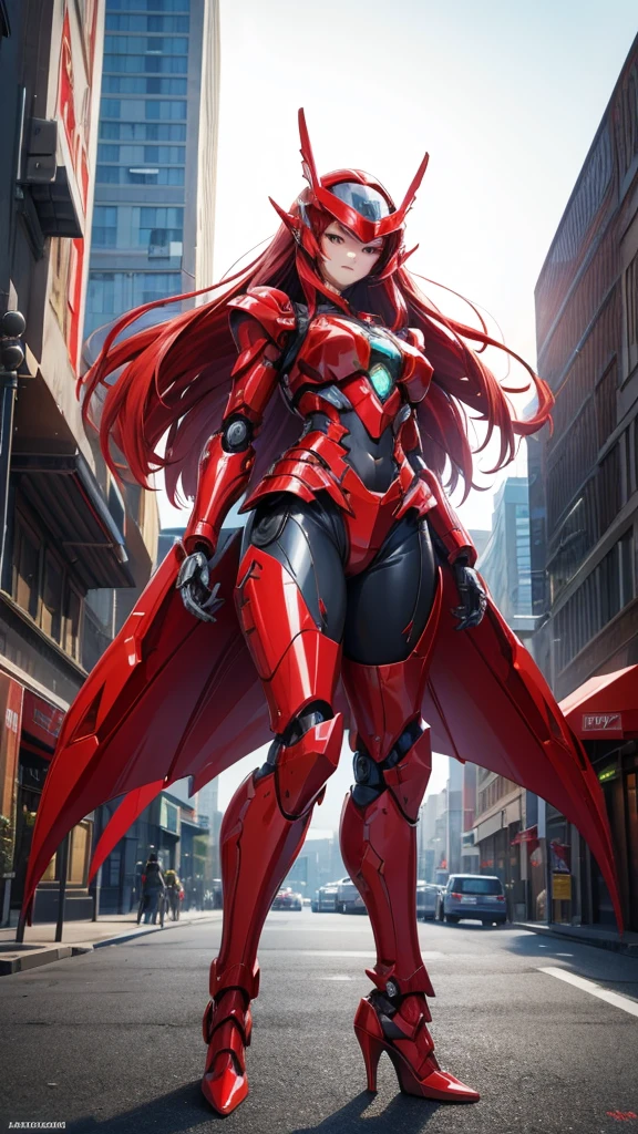 long red hair,Mecha,Large female robot , Red full body sci-fi fluorescent armor,helmet ,chest,female body,Mechanical joints,wing,Iron skirt,thigh, High heel, Standing,front,City(masterpiece, best quality, high quality, High resolution, Extremely detailed),