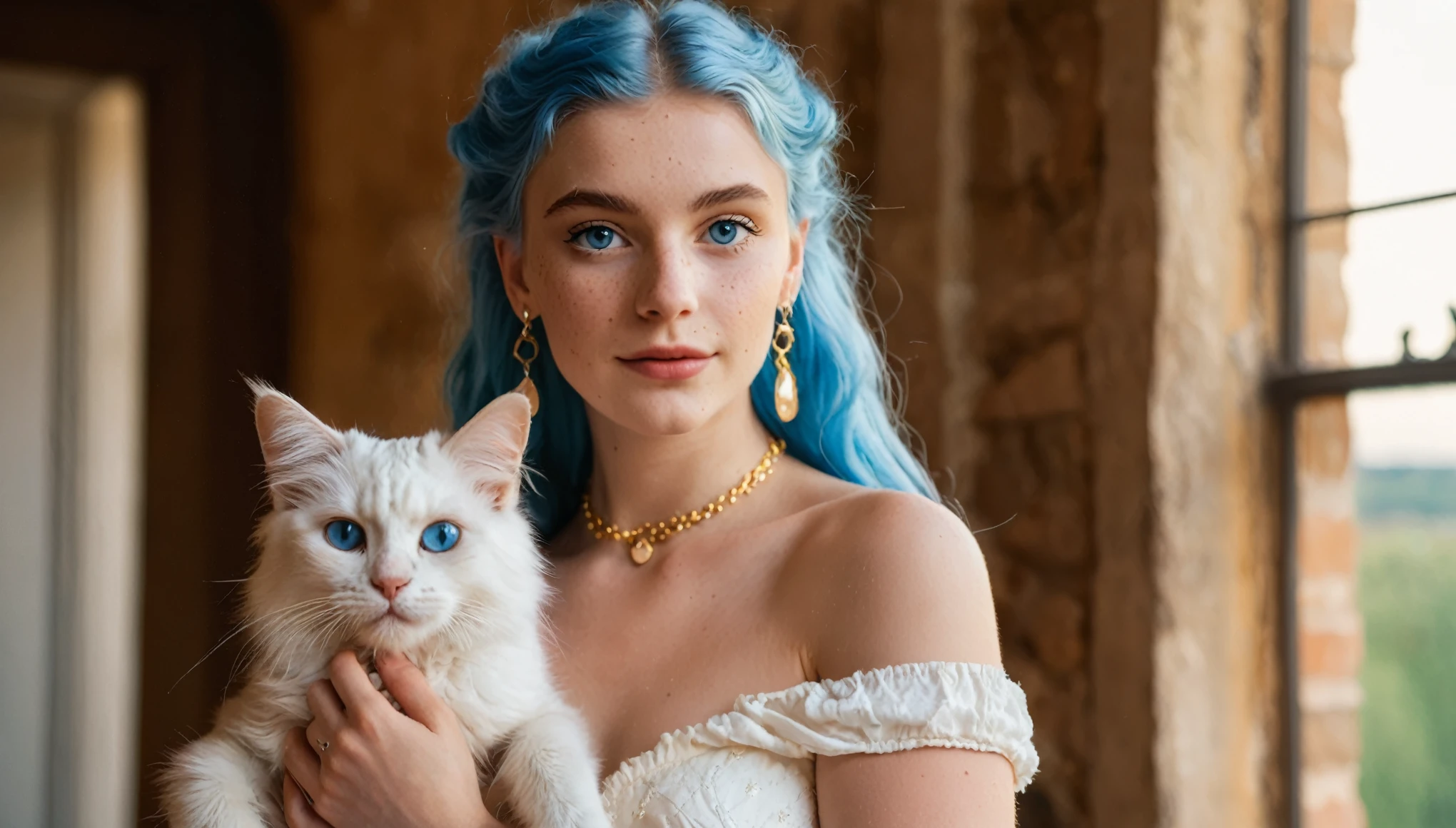 (1girl:1.15) holding a cat in her arms, beautiful fluffy cat, girl has long voluminous fluffy blue hair, perfect eyes, (European:1.3), blue eyes, 25 years old, young, (white dress:1.3), perfect body,  body, (large earrings:1.2), (golden and diamond jewelry:1.2), (inviting expression:1.3), choker, (cream eyeliner:1.3), with subtle freckles, subtle skin blemishes, visible skin pores, natural skin texture, cozy castle bedroom, window, photorealistic, masterpiece, (golden hour:1.3), (warm glow:1.3), warm colors, (50mm f/1.2 portrait:1.3), RAW Photograph, leica full frame camera, high quality, insane details, masterpiece, 8k