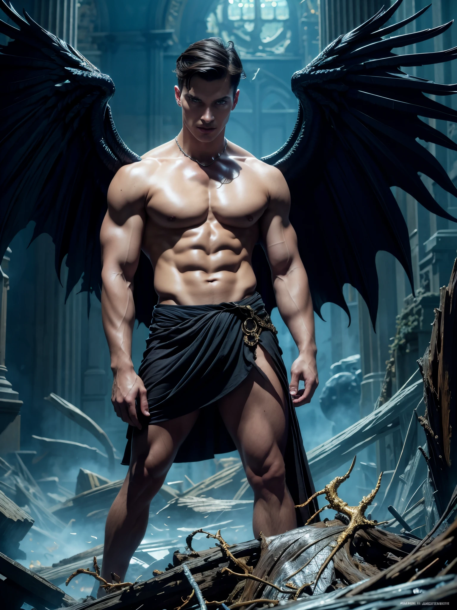 Photo-realistic, ((best quality)), ((masterpiece)), (detailed), perfect face, short hair, the devil, masculine portrait of the devil, personification of The Devil, evil look, super pale skin, (dark massive huge majestic black angel wings:1.2), black dragon horns, 18-year-old, super male model, handsome, tall, cute evil looking, dark look powerful, young male model, handsome mythical creature, super strong, muscular, fit, massive muscles, six pack, clean shave, blue eyes. wavy messy brown hair, short messy hair, messy wavy hair, shirtless, bare-chested, muscle, ripped, strong body, fit body, ancient linen Greek small skirt, antique black linen raped cloth skirt, Dark background 8k, high detailed, ultra-detailed, Stylish Pose, real skin texture, dramatic cinematic lighting, ruins Gothic cathedral, ruins, fire, floor burning