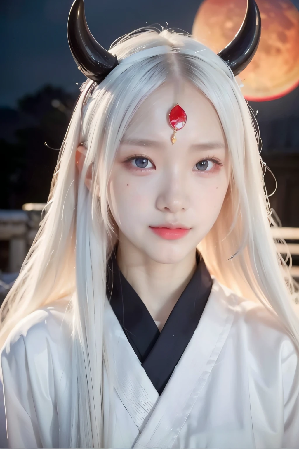 face lighting,bright backlight,super high resolution,best quality,Photos,4k,(Realistic:1.2),huiye,1girl,(kimono:1.1),(the third eye:1.3),horns,(pale skin:1.5),(white hair:1.2),long hair,(night:1.2),
(red moon:1.4),