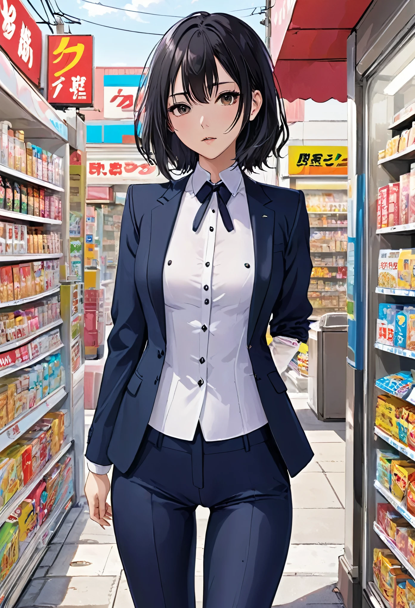 masterpiece、Mastepiece、Award-winning、Anime Girls、Random Hair、Perfect proportions、Recruitment Suit、Wear tight pants、Full Body Shot、The background is a convenience store