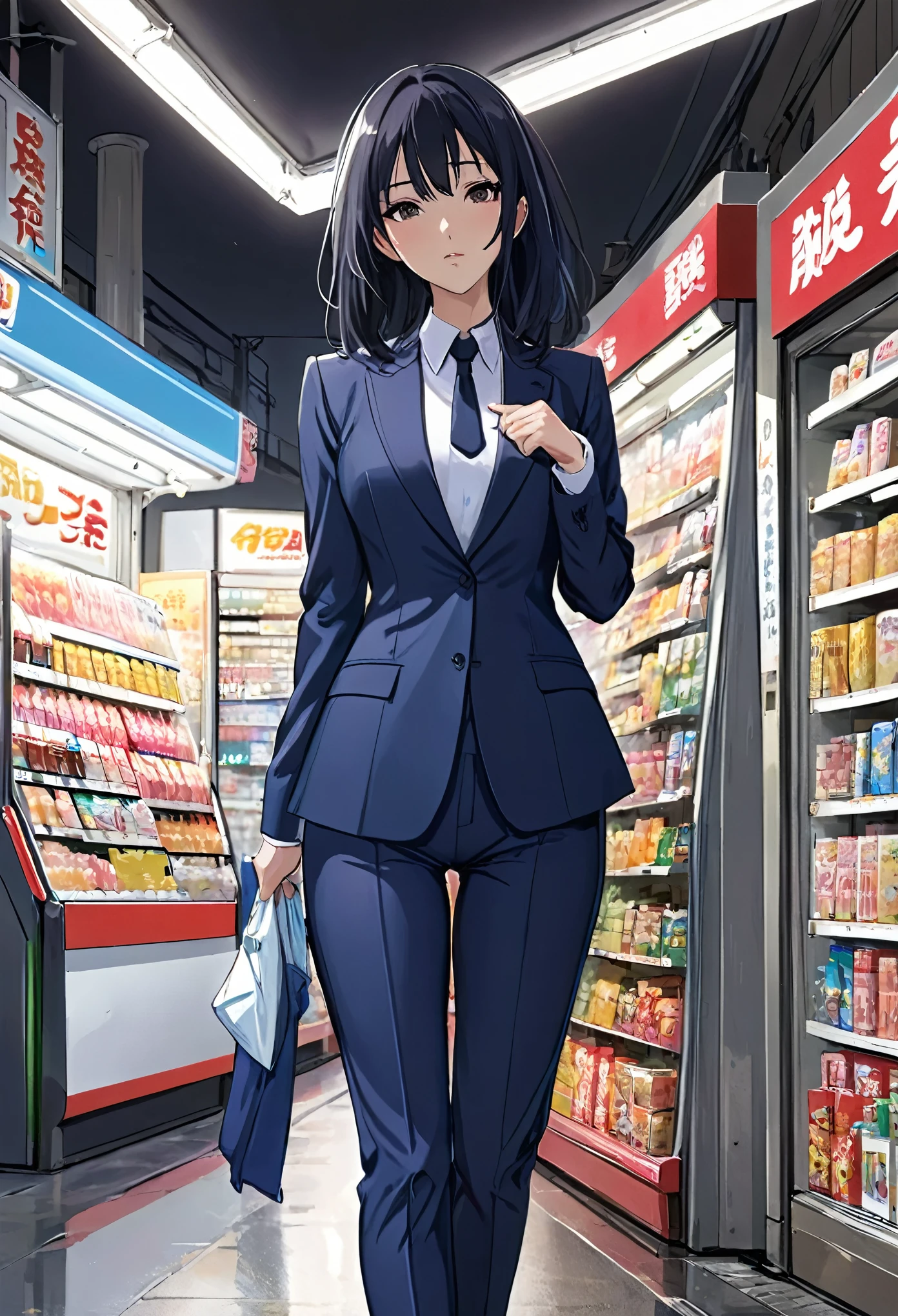 masterpiece、Mastepiece、Award-winning、Anime Girls、Random Hair、Perfect proportions、Recruitment Suit、Wear tight pants、Full Body Shot、The background is a convenience store