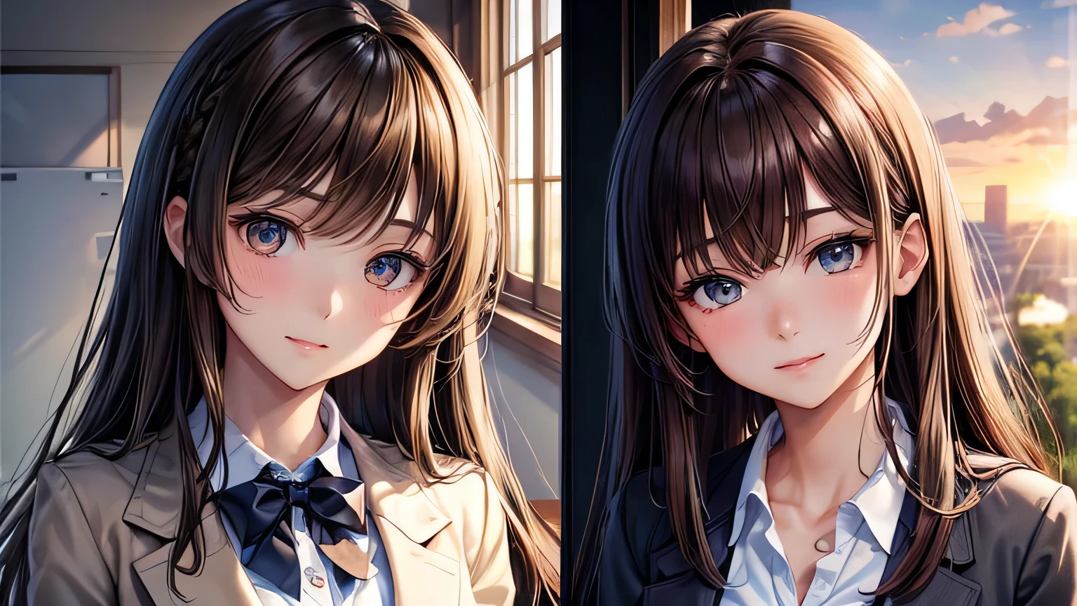 highest quality、tall、Highest quality、Detailed facial expressions、high school girl、((One beautiful woman、alone))、((Brown haired woman:1.3))、Beautiful light brown hair、Beautiful straight long hair、Busty women、((blazer:1.2))、Dark Blue Skirt、Big smile、At dusk、classroom、Beautiful sunset、Beautiful and detailed eye depiction、Beautiful and detailed hair、Beautiful and detailed facial expressions、