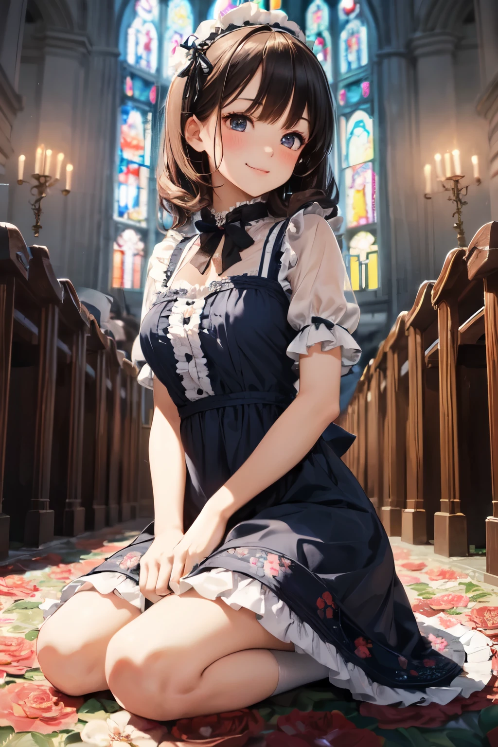 very cute and beautiful girl,(highly detailed beautiful face and eyes:1.2),
(smile:1.2),blush,black hair,cowboy shot,looking at viewer,
floral brown classic lolita dress with detailed frills,(skirt lift,white panties),
altar,church,indoors,
(best quality,masterpiece:1.2),intricate details,extremely detailed,high resolution,
solo,cinematic lighting,dynamic angle,