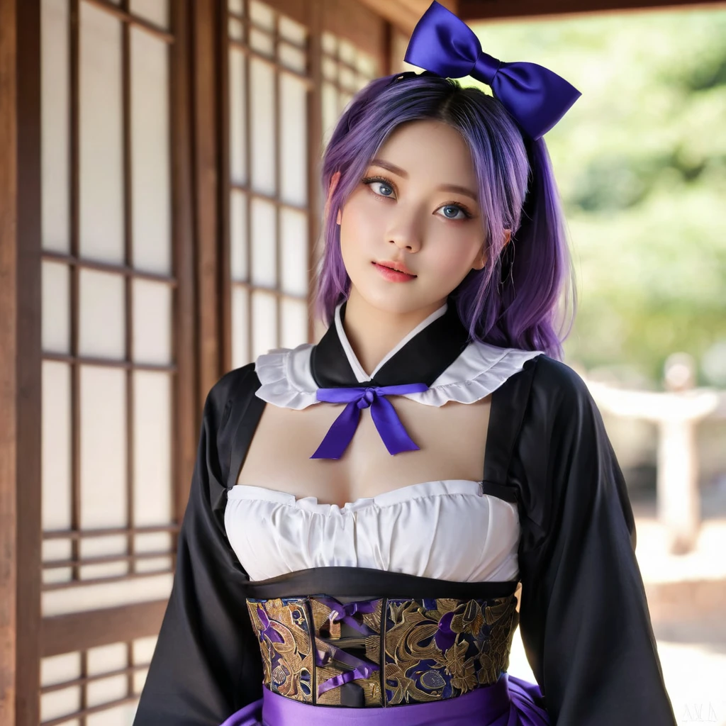(finely detailed beautiful eyes and detailed face,masterpiece sidelighting,masterpiece,best quality,detailed,high resolution illustration),, (1girl,whole body,bishoujo,lustrous skin,looking down,looking at viewer), (violet hair,blue eyes,ribbon,hanbok, ancient clothes), (clothed_underbust:1.2),underboob,