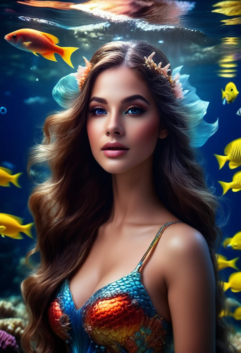 (best quality,4k,8k,highres,masterpiece:1.2),ultra-detailed,(realistic,photorealistic,photo-realistic:1.37),beautiful detailed eyes,beautiful detailed lips,extremely detailed eyes and face,longeyelashes,1girl,underwater scene,floating,graceful,breathing underwater,sparkling water reflections,iridescent scales,seaweed gently swaying,coral reefs teeming with colorful marine life,sun rays streaming from the surface,mermaid-like appearance,flowing wavy hair,splendid tail,ethereal glow,surreal underwater world,mermaid's enchanting song,serene expression,wonderstruck face,submerged in tranquility,marveling at the vibrant marine ecosystem,dreamy atmosphere,mythical beauty,sublime underwater adventure,hidden treasure chests,mermaid princess,serene and majestic,harmony with sea creatures,eternal youth and elegance,mesmerizing aura, enchanting presence,floating effortlessly,whispers of the sea,peaceful and serene,A world where reality blends with fantasy