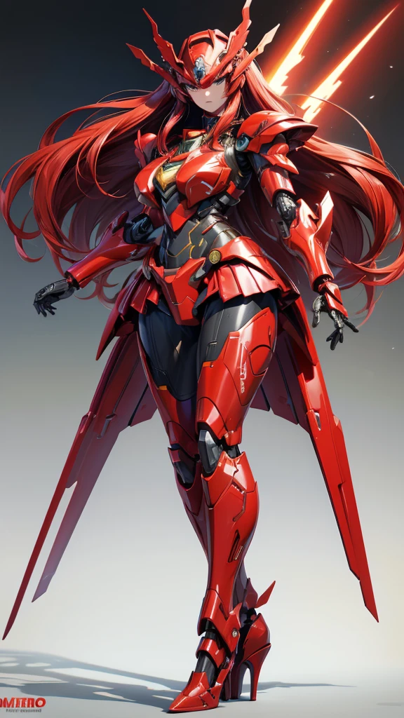 long red hair,Mecha,Large female robot , Red full body sci-fi fluorescent armor,helmet ,chest,female body,Mechanical joints,wing,Iron skirt,thigh, High heel, Standing,front,trumpet city(masterpiece, best quality, high quality, High resolution, Extremely detailed),