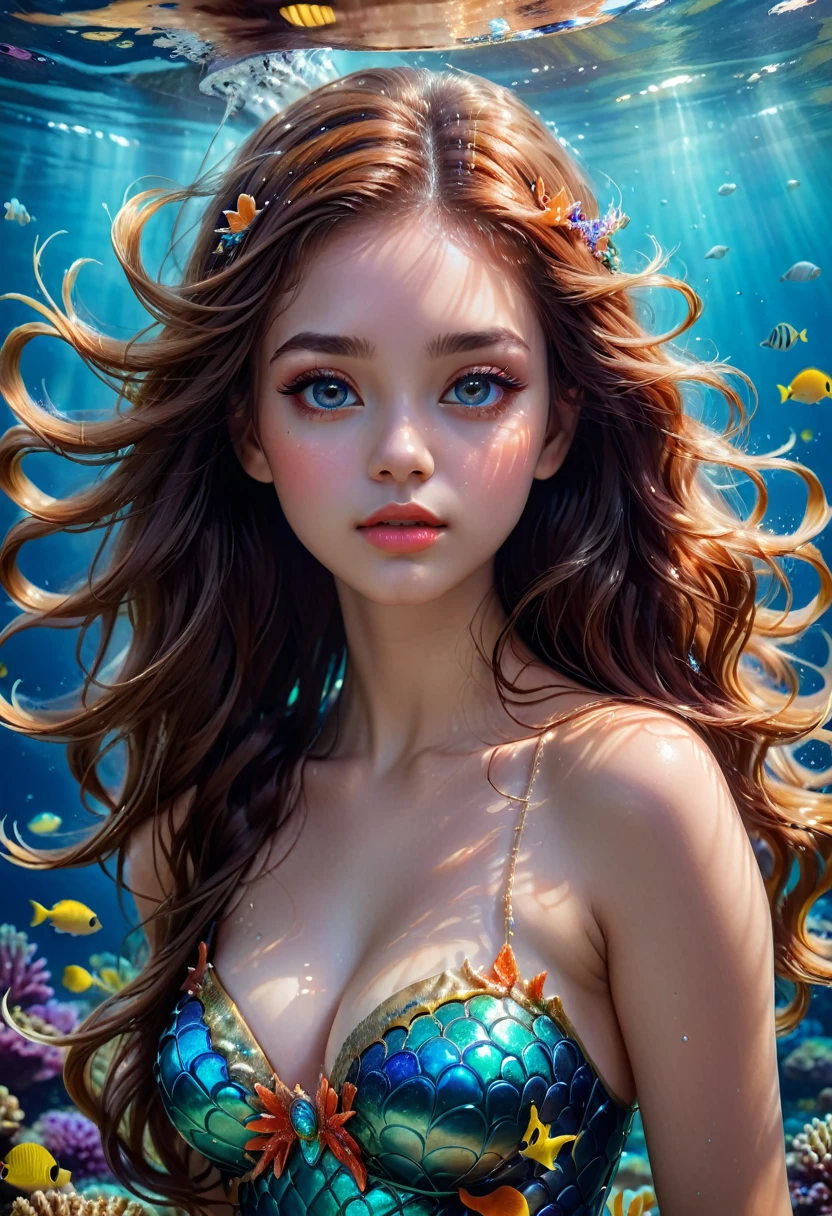 mermaid princess, beautiful detailed eyes, beautiful detailed lips, extremely detailed face and skin, long flowing hair, elegant pose, underwater scene, sunlight filtering through the water, coral reef, schools of tropical fish, soft glowing bioluminescent plankton, (best quality,4k,8k,highres,masterpiece:1.2),ultra-detailed,(realistic,photorealistic,photo-realistic:1.37),intricate detailed seascape, vibrant colors, dramatic lighting, cinematic composition