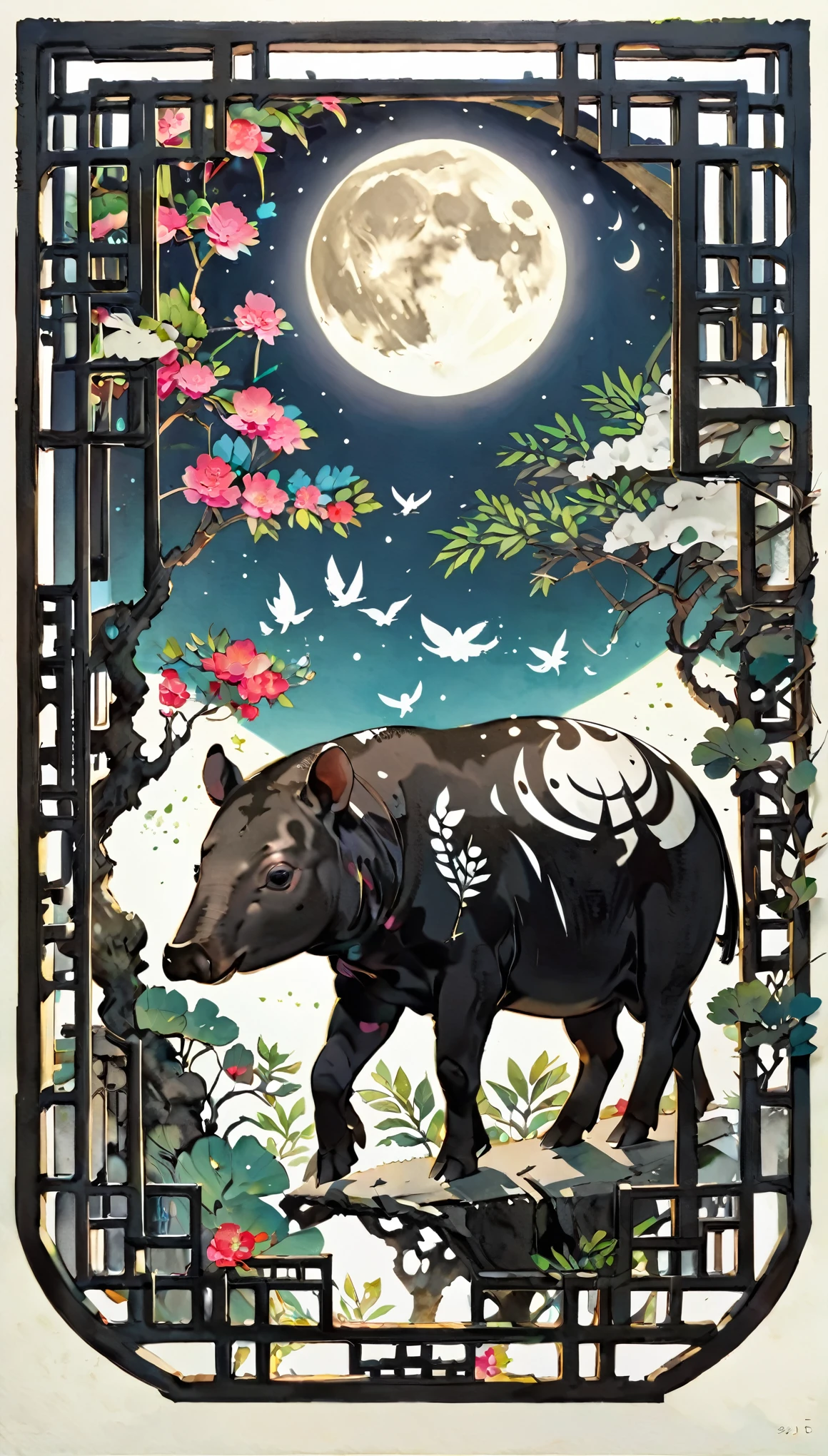 moon, Asian Tapir, paper cutting style,