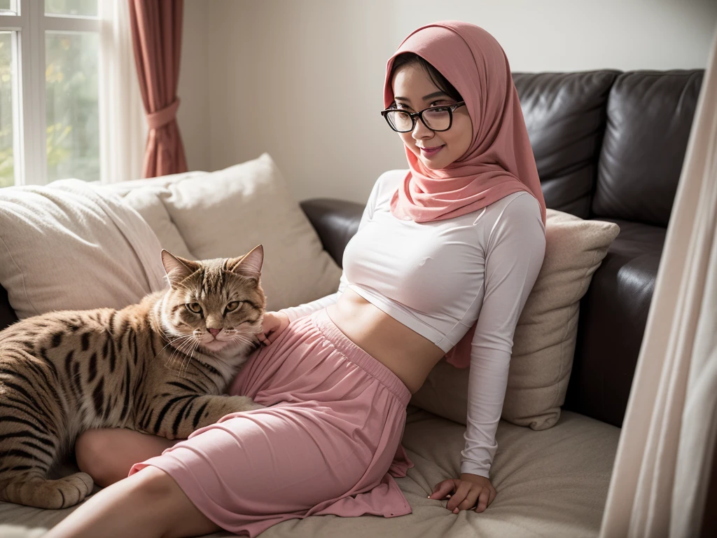 Design a heartwarming scene as the young Malay woman in pastel color hijab interacts with her beloved very big cat pet, very big fluffy white persian cat, very cute Malay woman with beautiful , wear modest baju kurung, wear glasses, big round glasses, , beer belly, small waist, slim, wide hips, thick thighs, showcasing the bond between them in a cozy home setting, bright lighting, happy, 8k, high quality, ray lighting,