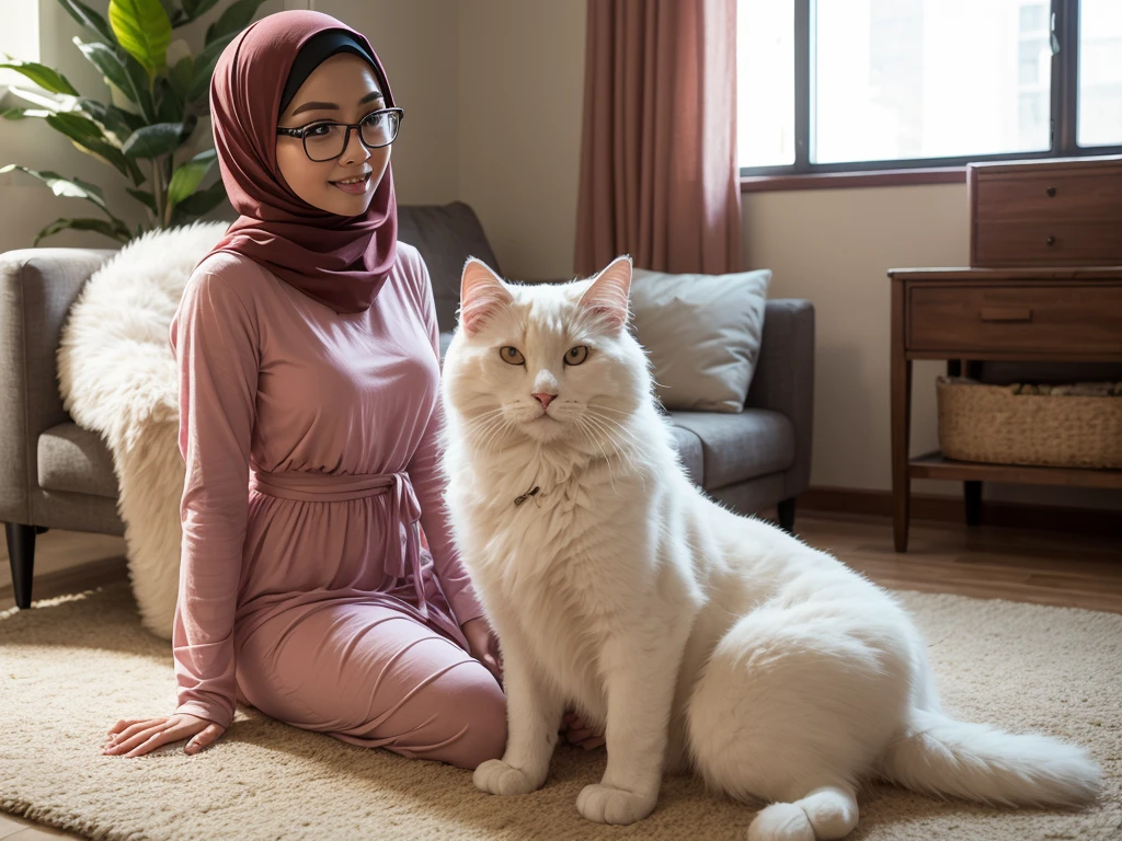 Design a heartwarming scene as the young Malay woman in pastel color hijab interacts with her beloved very big cat pet, very big fluffy white persian cat, very cute Malay woman with beautiful , wear modest baju kurung, wear glasses, big round glasses, , beer belly, small waist, slim, wide hips, thick thighs, showcasing the bond between them in a cozy home setting, bright lighting, happy, 8k, high quality, ray lighting,