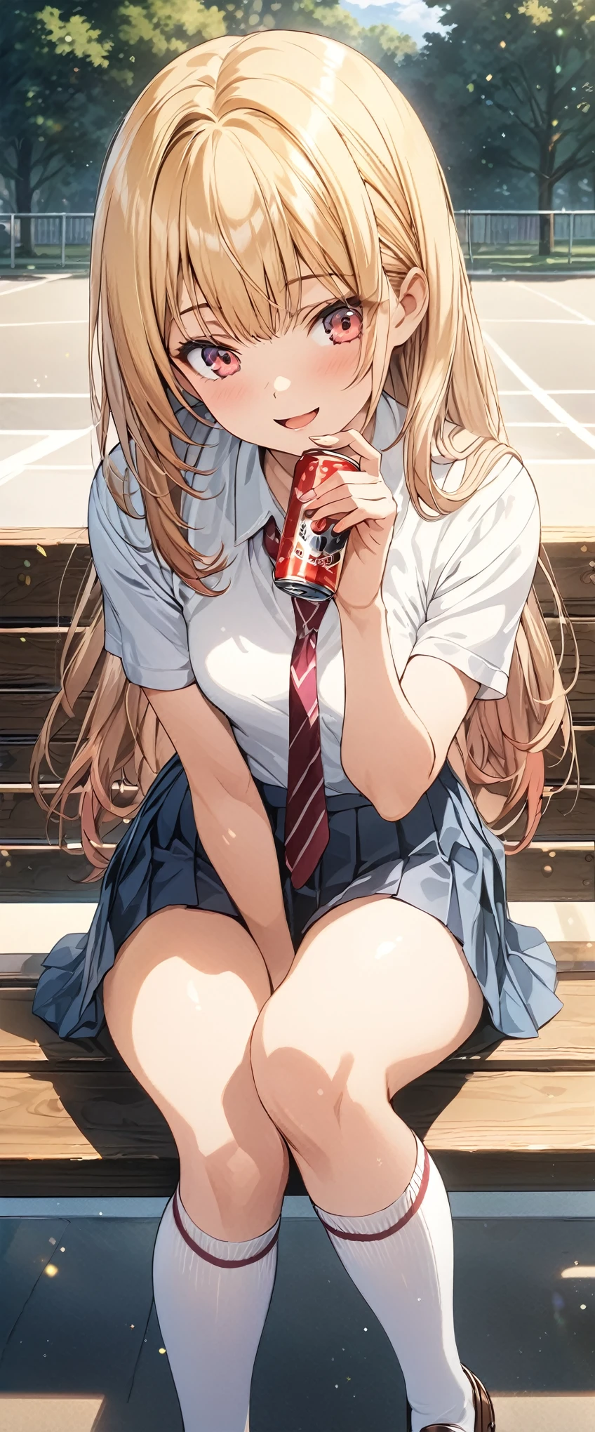 (masterpiece, best_quality), extremely detailed CG unity 8k wallpaper, super fine illustration, (anime_style), Woman posing for a photo, A shy smile, Small open mouth, Long Hair, Straight hair, Fine skin, Beautiful Hands, Beautiful fingers, Wearing a beret, tie, Small breasts, Short sleeve blouse, Pleated skirt, Thighs, Absolute area, Knee socks, loafers, Daytime, Hot summer day, School, Schoolyard, Sitting on a bench, holding Canned juice, Natural light, Detailed face:1.2, Sharp focus, Hasselblad Photos, masterpiece, light makeup, Cinematic lighting, 4k, sharpness, Anime Style, whole body, Canned juice, BREAK looking at another, perfect anatomy, perfect body, (perfect arms), (perfect hands, perfect fingers), perfect legs, perfect feet, perfect toes, 5_fingers, (4_fingers,1_thumbs),