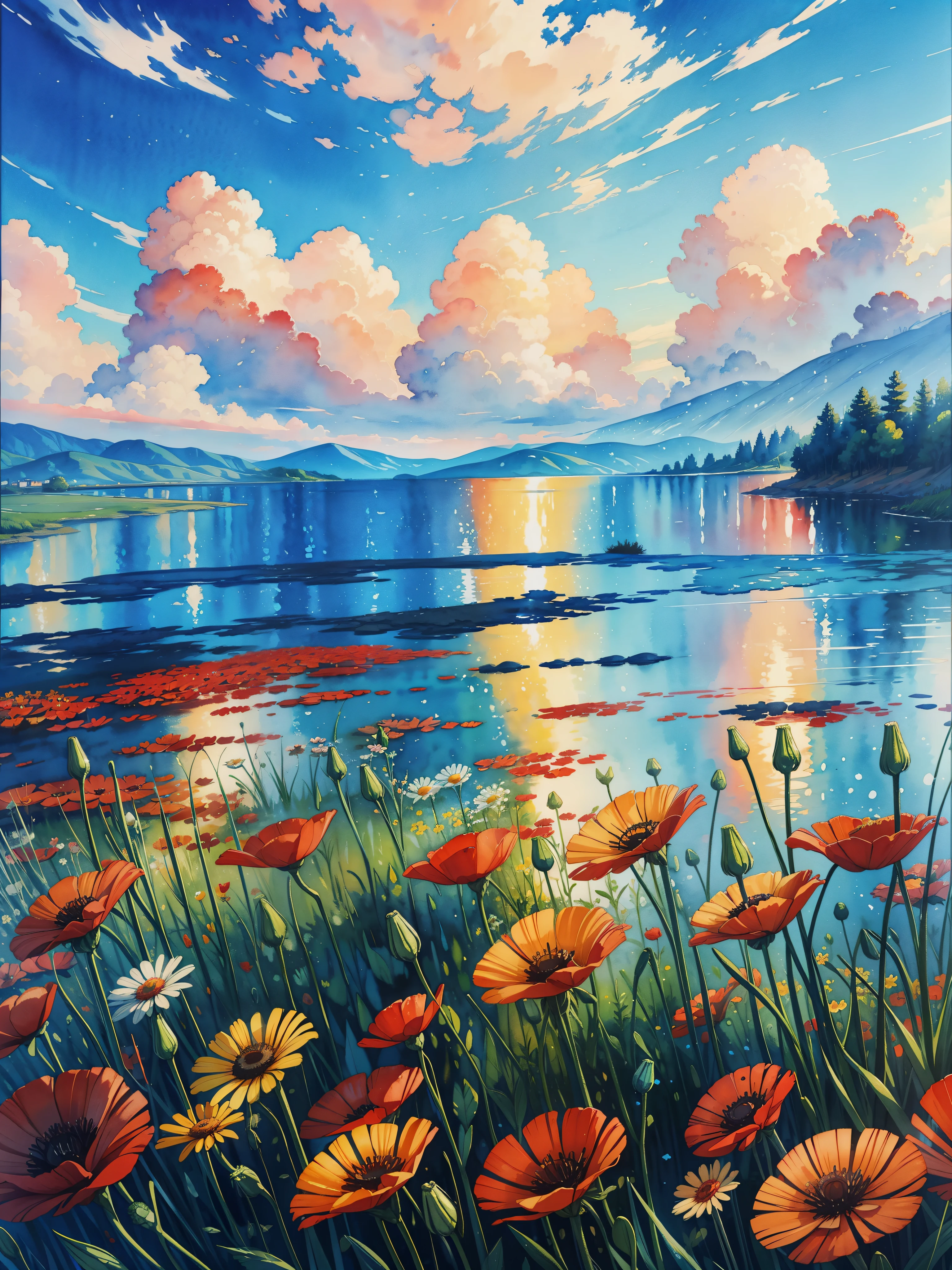 a painting of red and yellow flowers in front of a body of water, blue sky, cloudy, a pointillism painting, poppies, detailed watercolor painting, daisies and poppies, watercolors on canvas, romanticism landscape painting, by Anne Dunn, floral splash painting, painting on silk, highly detailed water colour 8k, highly detailed water colour 8 k, watercolor landscape, a watercolor painting