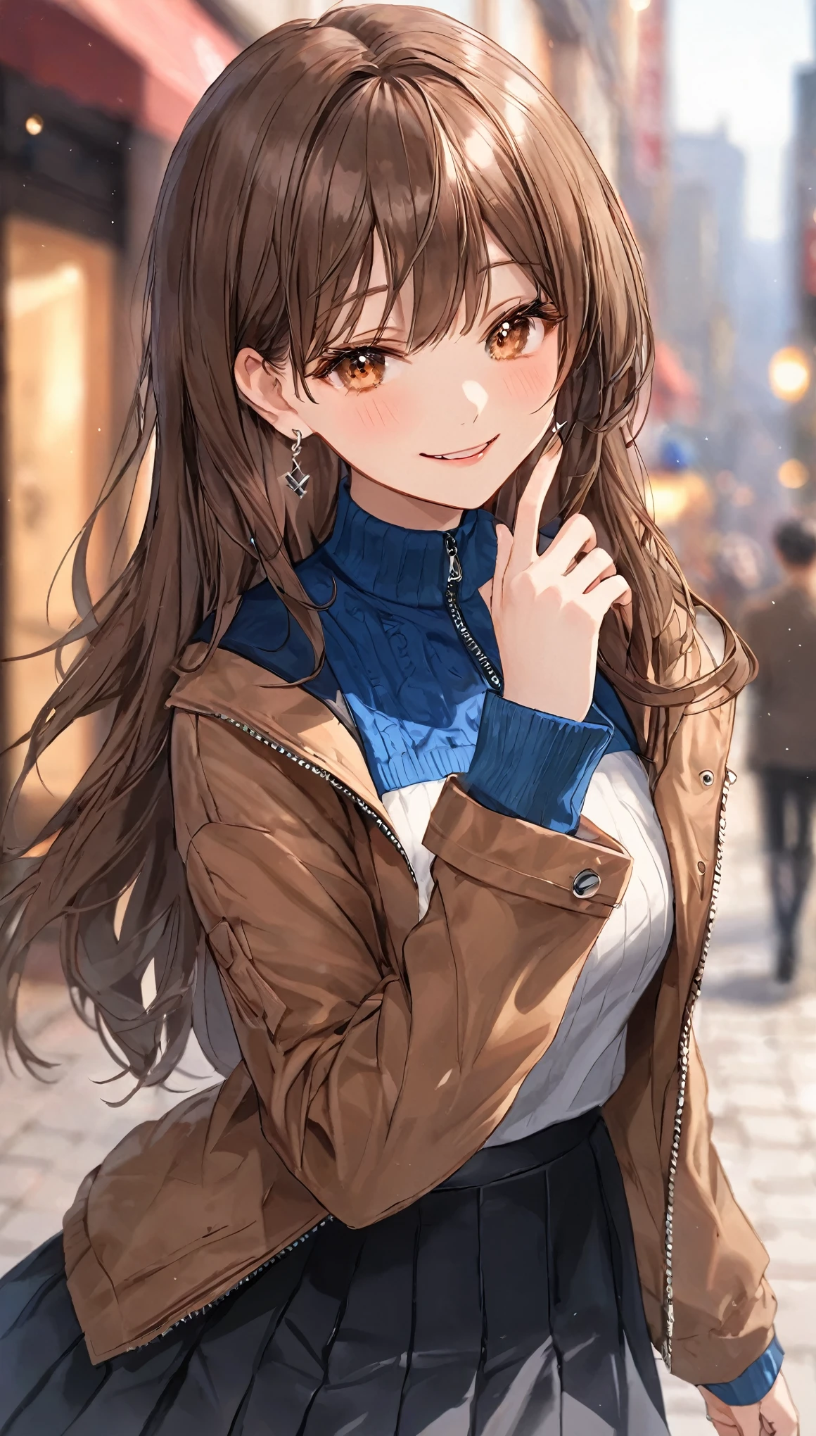 One girl, Ahoge, bangs, black skirt, black sweater, Blue Claws, Blurred, Blurred background, chest, Brown eyes, Brown Hair, brown Jacket, Mouth closed, Day付付き, Day, Depth of written boundary, Earrings, eyelash, Raise your hand, Tilt your head, Jacket, jewelry, Long Hair, Long sleeve, View Viewer, medium chest, Manicure, Open clothes, open Jacket, Outdoor, Pursed lips, Tucked in shirt, Side Lock, skirt, Sleeves are longer than the wrist, alone, sweater, Upper Body, zipper, smile, ((masterpiece)), 