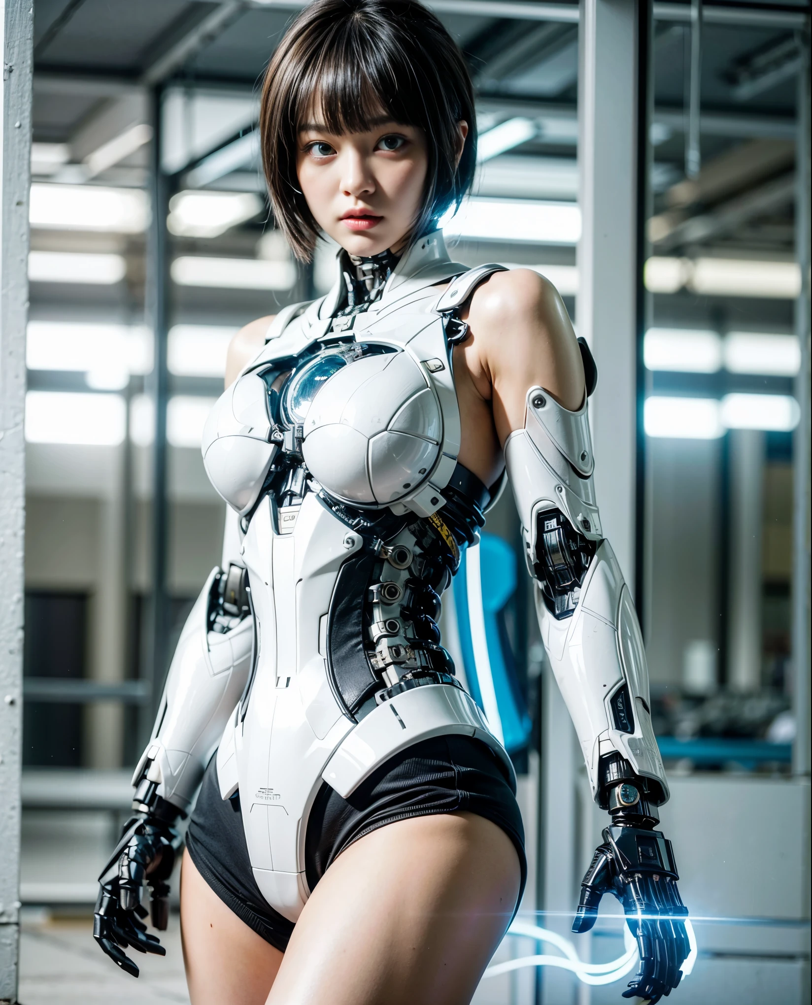 masterpiece, best quality(:1.2), extremely ultra detailed, Japanese android girl,Plump,control panels,Squat,Mechanical Hand,Robot arms and legs, black sponge joints,blunt bangs,white robot body,ceramic body,white long boots,perfect cyborg girl,charging spot,She is charging now,blue eyes, extremely ultra real texture, human-like skin, realistic hair, realistic metal texture, professional lighting, (RAWphoto), photorealistic