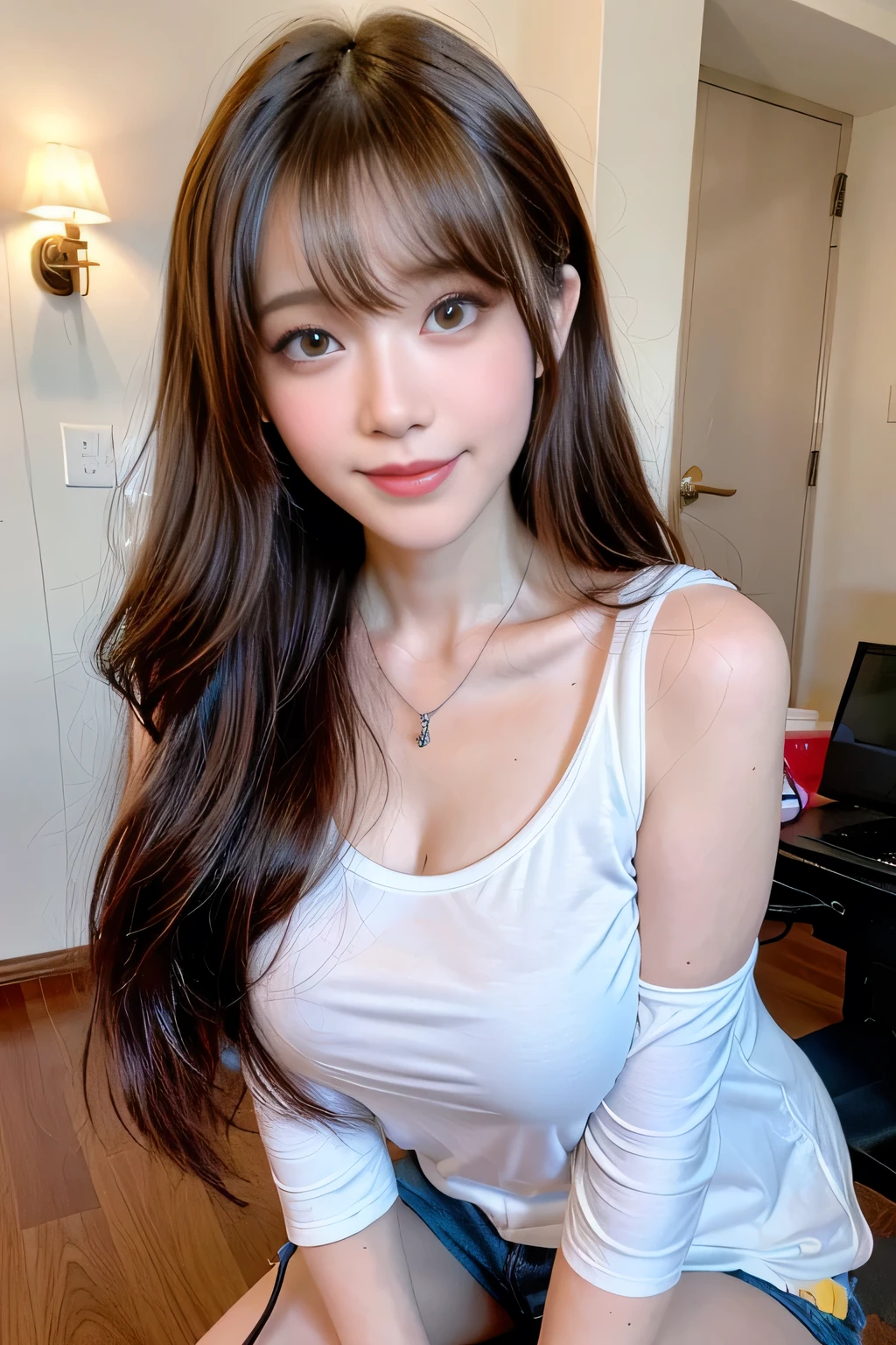 ((Full Body Angle))、((highest quality, 8K, masterpiece: 1.3)), concentrated: 1.2, Cute girl 1,Nipples erect、 Perfect beauty: 1.4,Cut and sewn T-shirt Raglan sleeve summer short sleeve T-shirt.Shorts: 1.2,Long sleeve、Randall Color、comics&Text Graphics、Black ruffle-trimmed drawstring zip blouse,1.1, Highly detailed face and skin textures, Fine grain, double eyelid, whitening skin, ,highest quality,Ultra-high resolution,you,1 girl,alone,_Shiny_skin,Iris,necklace,((Brown_length_Wavy_hair)),(lips)),eyelash,Front hair,deal with,compensate,Shiny,pore,skin texture,Large Breasts、smiling face、