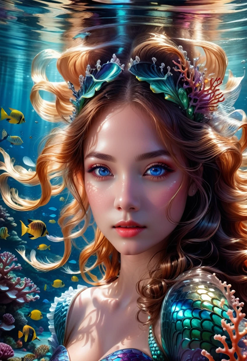 mermaid princess, beautiful detailed eyes, beautiful detailed lips, extremely detailed face and skin, long flowing hair, elegant pose, underwater scene, sunlight filtering through the water, coral reef, schools of tropical fish, soft glowing bioluminescent plankton, (best quality,4k,8k,highres,masterpiece:1.2),ultra-detailed,(realistic,photorealistic,photo-realistic:1.37),intricate detailed seascape, vibrant colors, dramatic lighting, cinematic composition