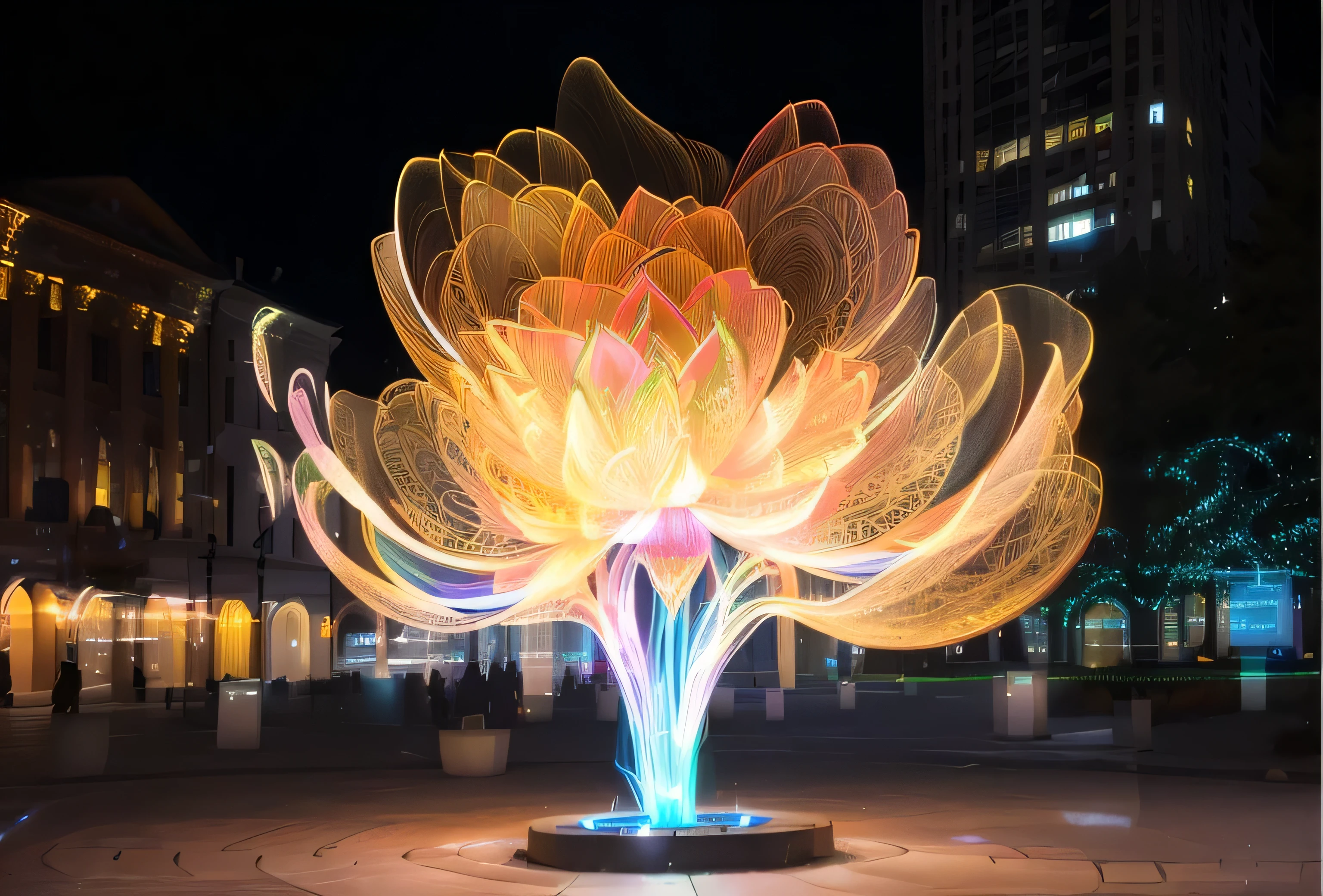 brightly colored light sculpture of a flower in a city square, light art, diffuse lightpainting, light paint, light painting, slow exposure hdr 8 k, lightpainting, lightpainting luminescent, glowing lights intricate, intricate light, amazing lighting effect, ethereal volumetric light, lightpainting motion blur, intricate illuminated lines, interactive art, amazing fire art, ambient art