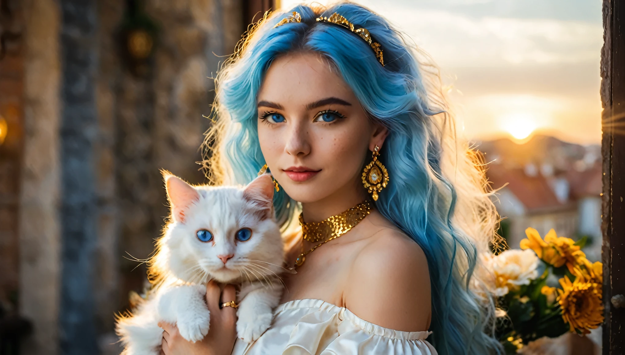 (1girl:1.15) holding a cat in her arms, beautiful fluffy cat, girl has long voluminous fluffy blue hair, perfect eyes, (European:1.3), blue eyes, 25 years old, young, (white dress:1.3), perfect body, body, (large earrings:1.2), (golden and diamond jewelry:1.2), (inviting expression:1.3), choker, (cream eyeliner:1.3), with subtle freckles, subtle skin blemishes, visible skin pores, natural skin texture, cozy castle bedroom, window, photorealistic, masterpiece, (golden hour:1.3), (warm glow:1.3), warm colors, (50mm f/1.2 portrait:1.3), RAW Photograph, leica full frame camera, high quality, insane details, masterpiece, 8k