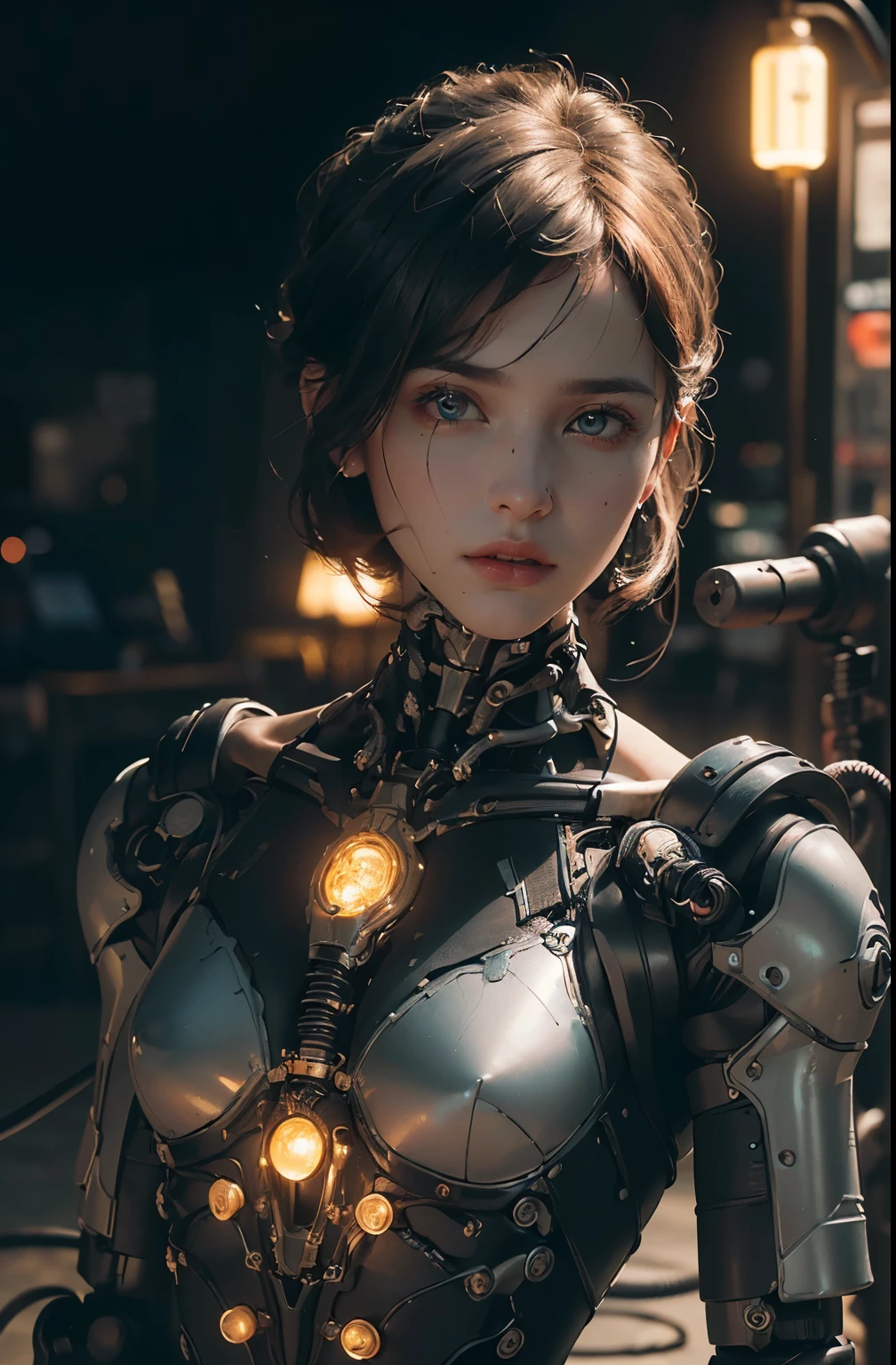 Best Quality, Masterpiece, Ultra High Resolution, ((Photorealistic: 1.4), Raw Photo, Portrait of a half-robot boy's face, the head is connected by many cables to the robot creation machine, serious expression, (Ultra Realistic Details Mechanical limbs, tubes connected to mechanical parts, mechanical spine attached to bones back, mechanical cervical attachment to neck, wires and cables connecting to head, small glowing LED lights, global lighting, dark shadows, Octane Rendering, 8K, Ultra Sharp, Metal, Ornament Detail Intricate, baroque details, Very intricate details, realistic light, CGSoation trend, facing the camera, neon details, (Android factory background)