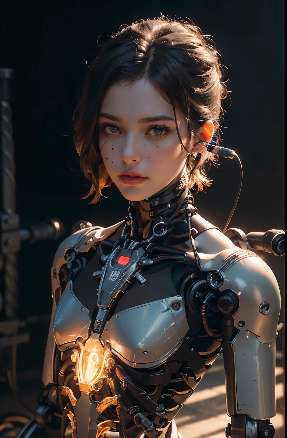 Best Quality, Masterpiece, Ultra High Resolution, ((Photorealistic: 1.4), Raw Photo, Portrait of a half-robot boy's face, the head is connected by many cables to the robot creation machine, serious expression, (Ultra Realistic Details Mechanical limbs, tubes connected to mechanical parts, mechanical spine attached to bones back, mechanical cervical attachment to neck, wires and cables connecting to head, small glowing LED lights, global lighting, dark shadows, Octane Rendering, 8K, Ultra Sharp, Metal, Ornament Detail Intricate, baroque details, Very intricate details, realistic light, CGSoation trend, facing the camera, neon details, (Android factory background)