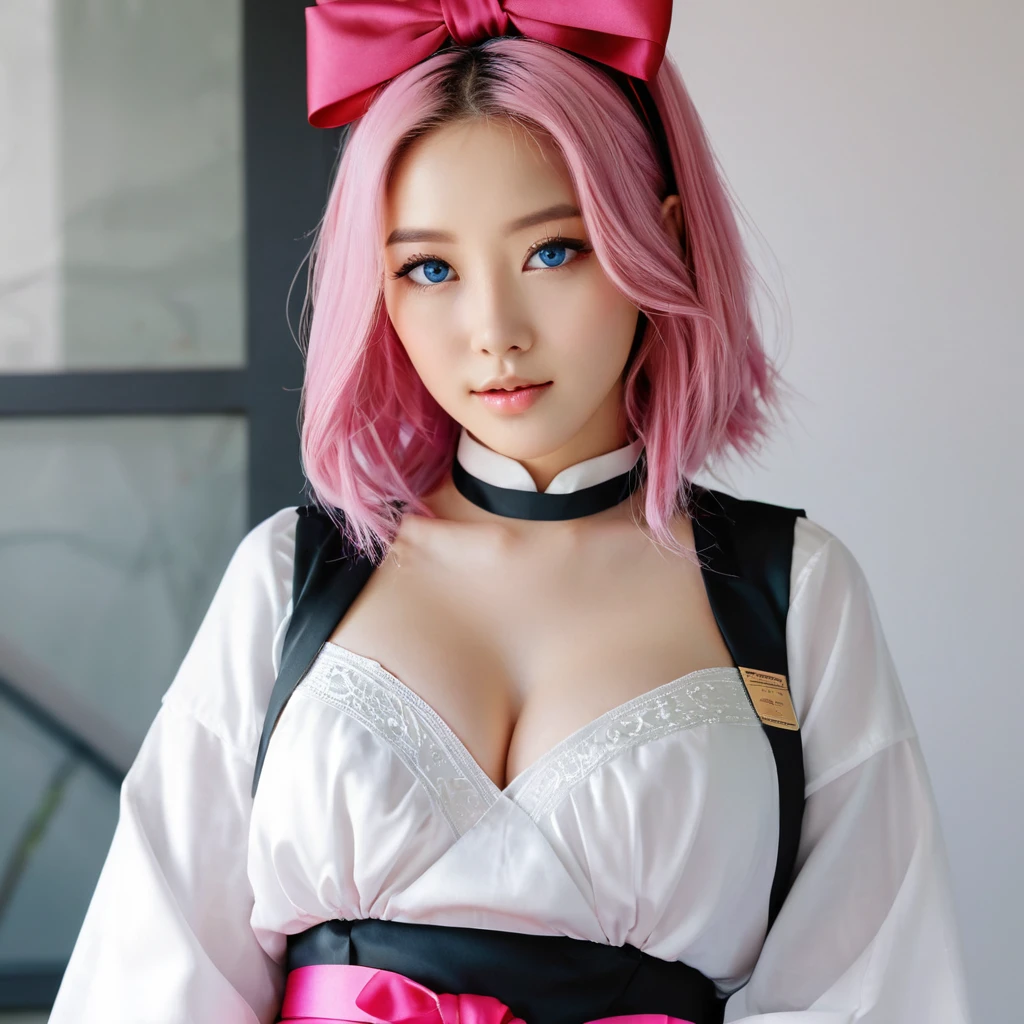 (finely detailed beautiful eyes and detailed face,masterpiece sidelighting,masterpiece,best quality,detailed,high resolution illustration),, (1girl,whole body,bishoujo,lustrous skin,looking down,looking at viewer),, (pink hair,blue eyes,ribbon,hanbok, korean clothes), (clothed_underbust:1.2),underboob