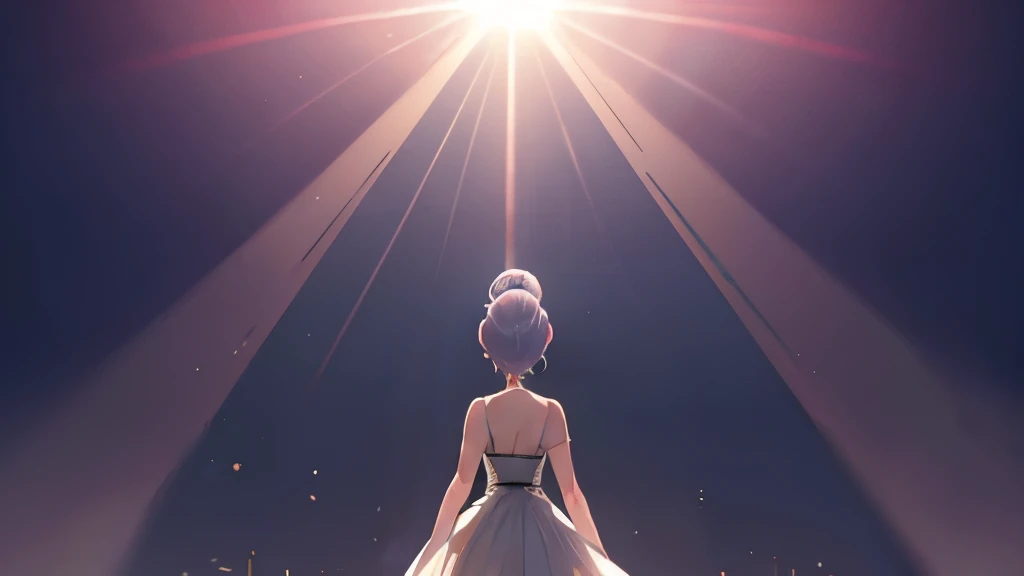 Pink silver hair, A very short shortcut, Hair Bun, (Backlit silhouette:1.2), (sun:1.2), Opera Stage, Panoramic Photos, White Background, (masterpiece), (highest quality, 8k, High resolution), Super detailed