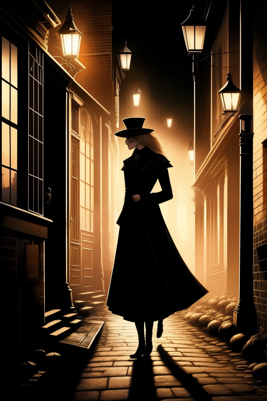 A chilling scene unfolds in the heart of Victorian London, a darkened alley serving as the backdrop to a chilling encounter. The figure of Jack the Ripper emerges from the shadows, his silhouette sinister against the dim gaslight, brandishing a bloodstained knife. In his grasp, the lifeless body of a young, blonde woman hangs limp, a testament to his twisted artistry. Her pale, frightened face, framed by golden locks, reveals a haunting stillness. The alley itself, a maze of cobblestones and decay, adds an air of grim authenticity to this haunting tableau. The entire tableau is rendered in stylized realism