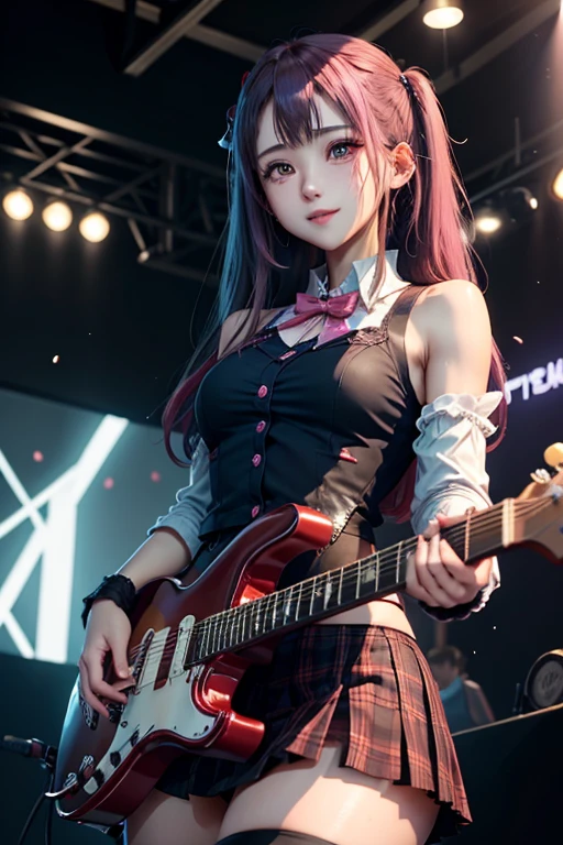 High school girl blazer、 uniform、Red checked knee-length skirt、Long skirt、JK Style、Jacket、smile、Knee-high socks、Thigh-high socks、pantyhose、A superb beauty、Super cute、ennui、Rare beauty、Twin tail hair、Black Dark Eyeshadow、Sad、Good skin glow、Long hair straightener、Dark Gothic Makeup、Dark Smile、Fragrant beauty、Stained glass background、Mastepiece、Best Quality、Refers to 5 books、Sweat glistening on my chest、Sweat glistening on my face、Small breasts、Dark pink hair、Age 22 years old、Slightly slim、Mysterious look、A sad expression、Pink Hair、mysterious gothic church、enchanting castle、Sweating profusely all over the body、A lot of sweat and light on the thighs、Shiny thighs、Plenty of sweat glistening on the thighs、A large amount of sweat glistens on my thighs、Sweating profusely、Gal、Small breasts、japanese face、Alluring expression、Thin thighs、Playing guitar、I have a guitar、Sing a song enthusiastically、Playing guitar in a band、Playing guitar chords、Live House Background、Sing a song、Open your mouth、Live house scenery、Mike stand、Glamorous live stage、Dynamic Angle、