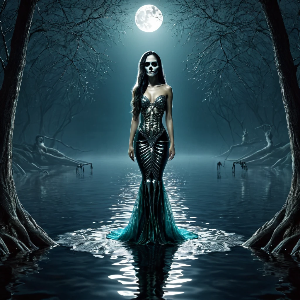 horror Reflective art style Yigal Ozer and Kelley Jones. By the night lake, a beautiful mermaid queen in a shiny dress. her reflection is a frightening half-decomposed dead skeleton. Sharp Focus on the reflection in the lake. Horror, scary, gloomy atmosphere, frightening moonlight. Hyperrealism. A masterpiece. anatomically perfect, High Resolution, High Quality