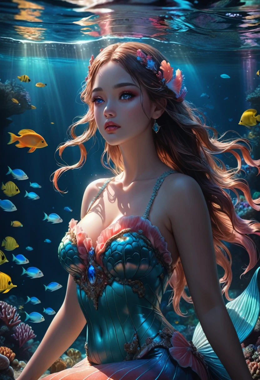 mermaid princess, beautiful detailed eyes, beautiful detailed lips, extremely detailed face and skin, long flowing hair, elegant pose, underwater scene, sunlight filtering through the water, coral reef, schools of tropical fish, soft glowing bioluminescent plankton, (best quality,4k,8k,highres,masterpiece:1.2),ultra-detailed,(realistic,photorealistic,photo-realistic:1.37),intricate detailed seascape, vibrant colors, dramatic lighting, cinematic composition