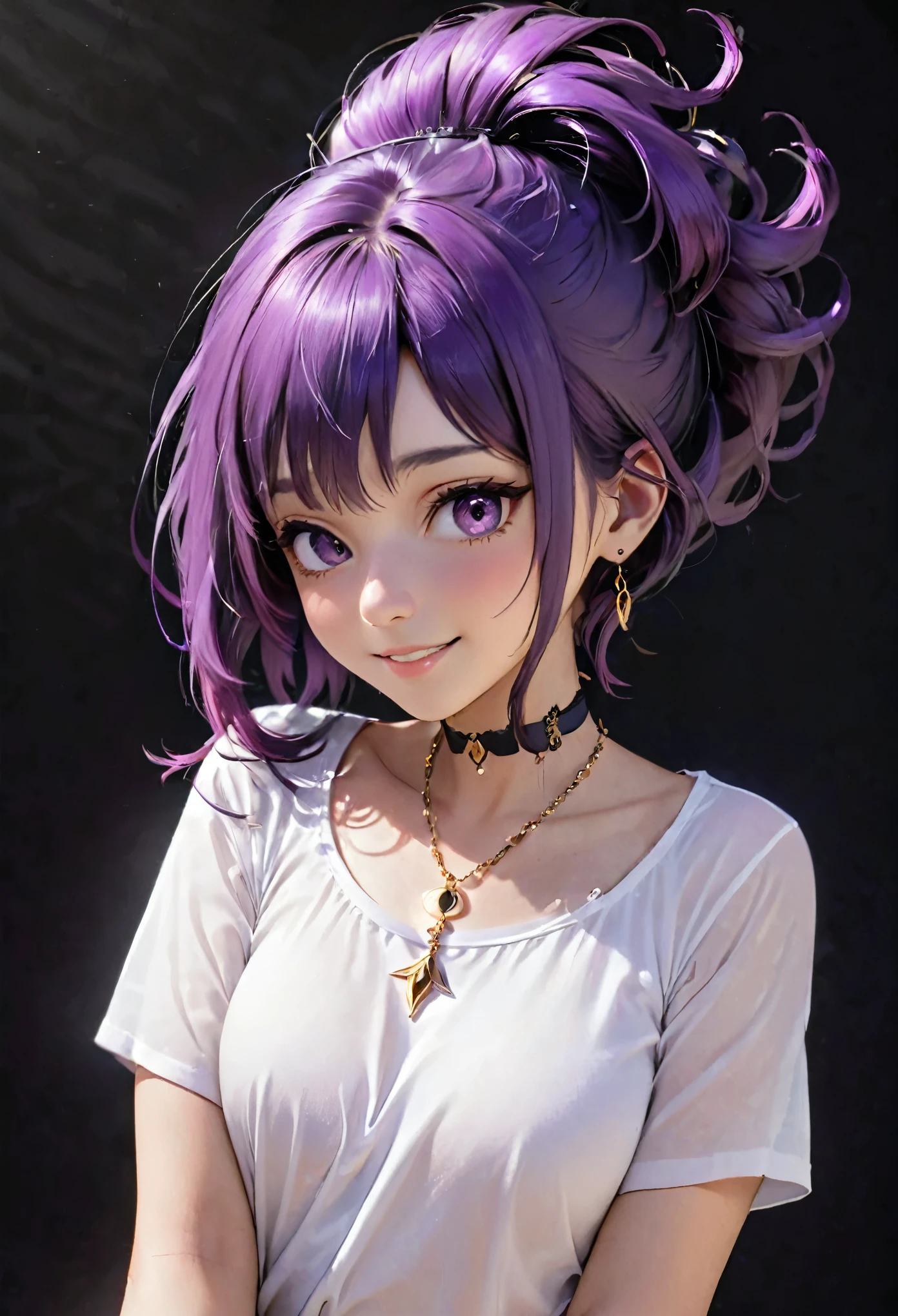 masterpiece,One girl,alone, A light smile, Metal Necklace, White shirt, Modern , accessories, Purple and black two-tone hair color, Unique Hairstyles, stylish, Black background