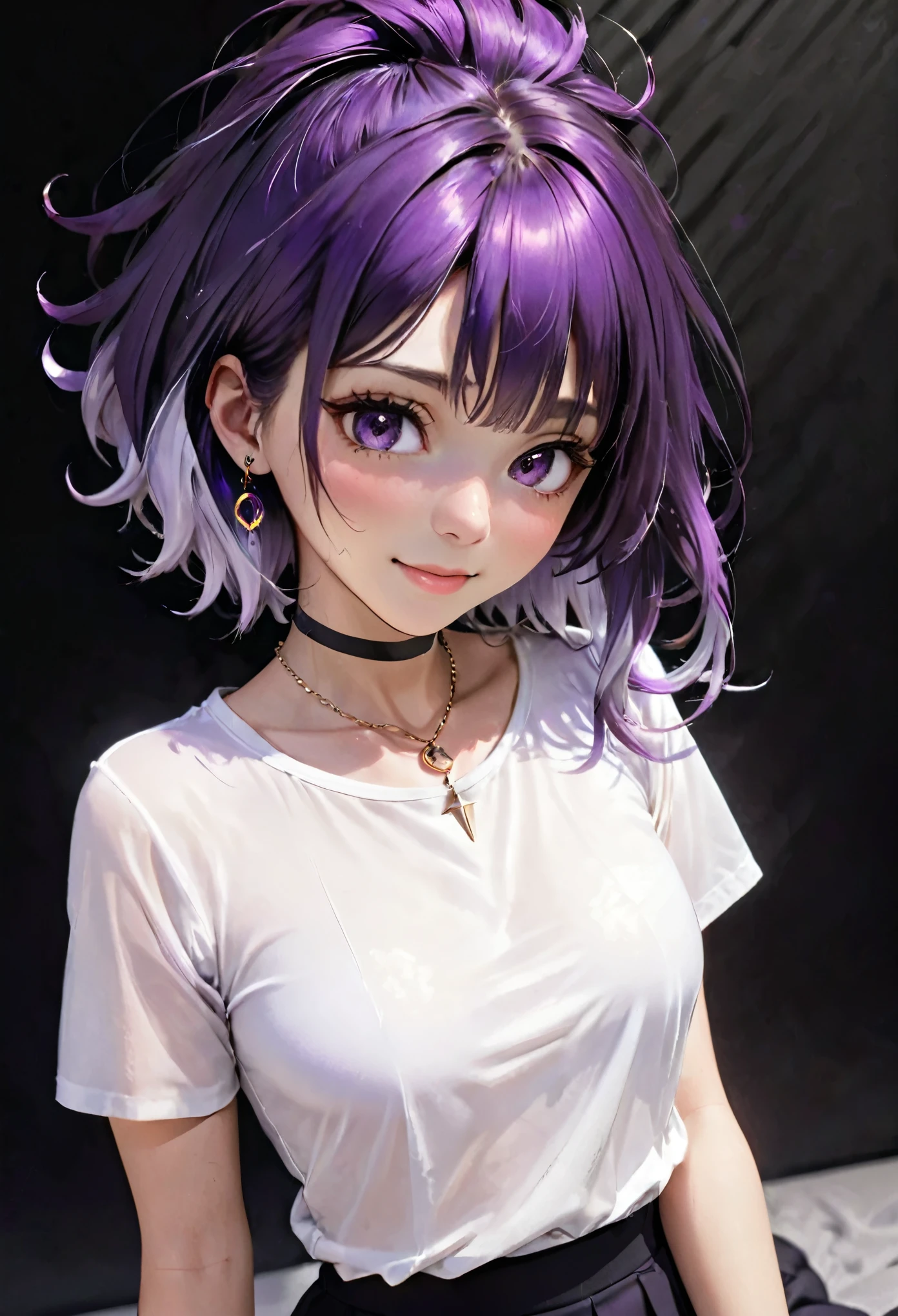 masterpiece,One girl,alone, A light smile, Metal Necklace, White shirt, Modern , accessories, Purple and black two-tone hair color, Unique Hairstyles, stylish, Black background