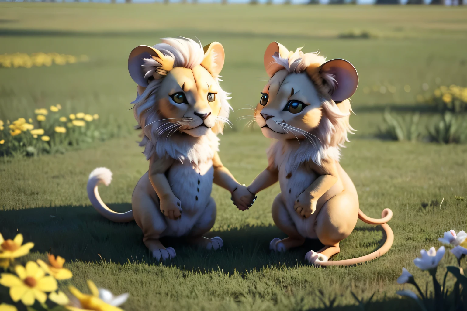 A lion and a mouse holding hands in a field, mouse, 3D, Lion and mouse、A total of two animals, Very cute and friendly, Let's be friends