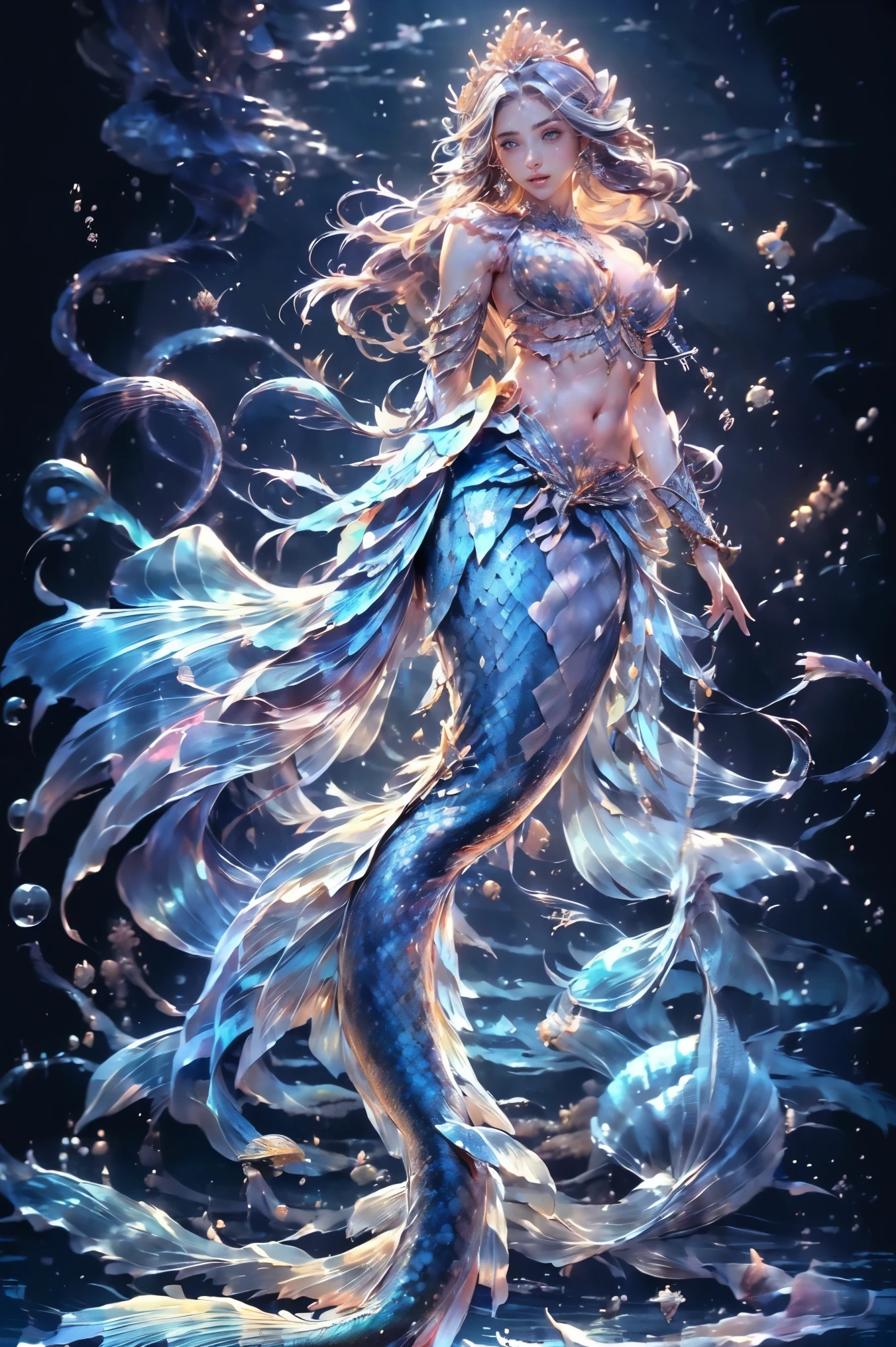 ((masterpiece, highest quality, Highest image quality, High resolution, photorealistic, Raw photo, 8K)), ((Extremely detailed CG unified 8k wallpaper)), (huge stunning goddess shot, very hot and sexy, jaw-dropping beauty, perfect proportions, beautiful body, slim body beauty:1.4), a ((mermaid princess)) with long flowing hair, detailed facial features, ((The lower half is fish without legs, intricate tail scales:1.5)), , It has no legs, but scales and a tail fin, elegant crown, underwater seascape, 