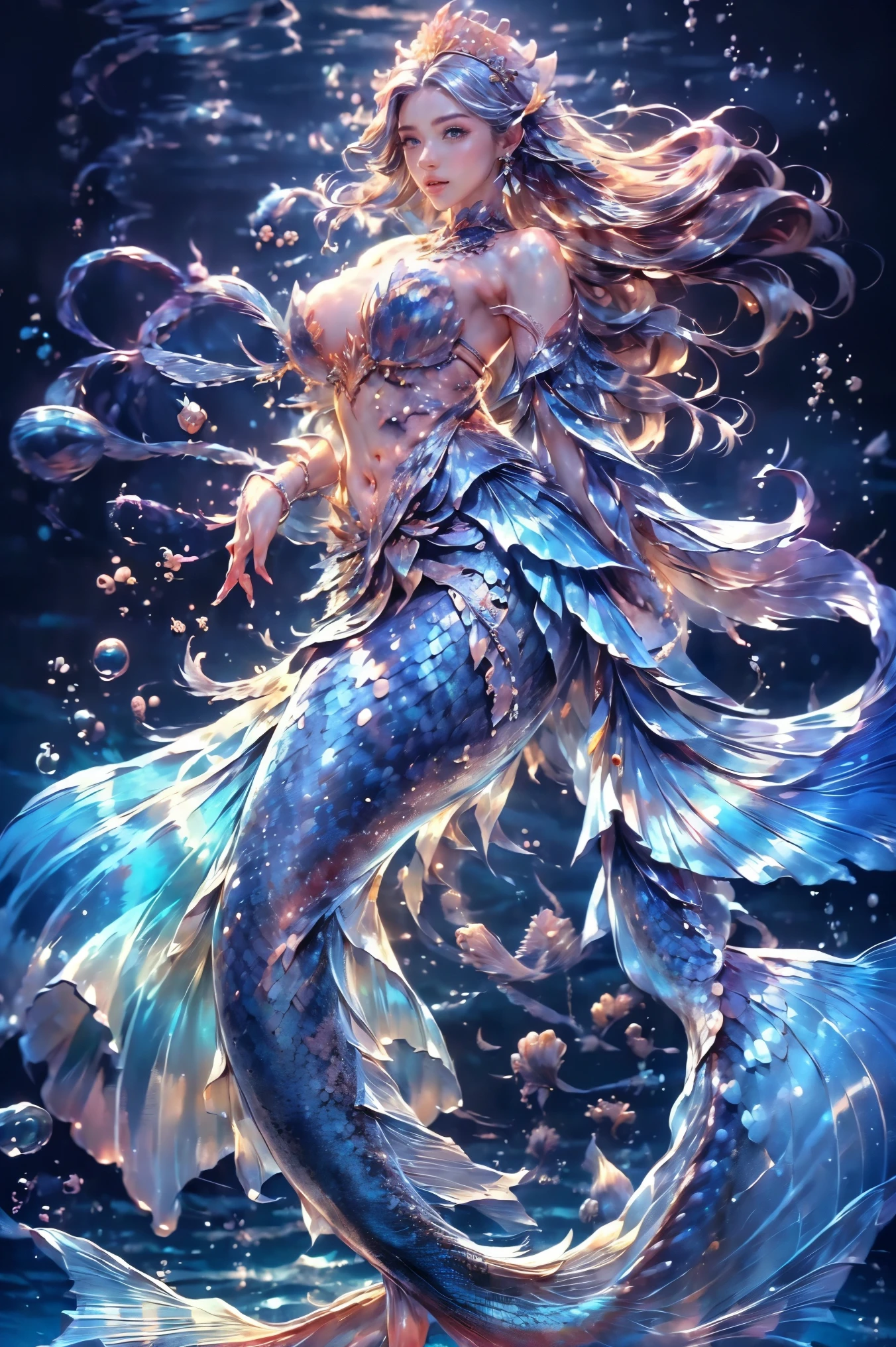 ((masterpiece, highest quality, Highest image quality, High resolution, photorealistic, Raw photo, 8K)), ((Extremely detailed CG unified 8k wallpaper)), (huge stunning goddess shot, very hot and sexy, jaw-dropping beauty, perfect proportions, beautiful body, slim body beauty:1.4), a ((mermaid princess)) with long flowing hair, detailed facial features, ((The lower half is fish without legs, intricate tail scales:1.5)), , It has no legs, but scales and a tail fin, elegant crown, underwater seascape, 