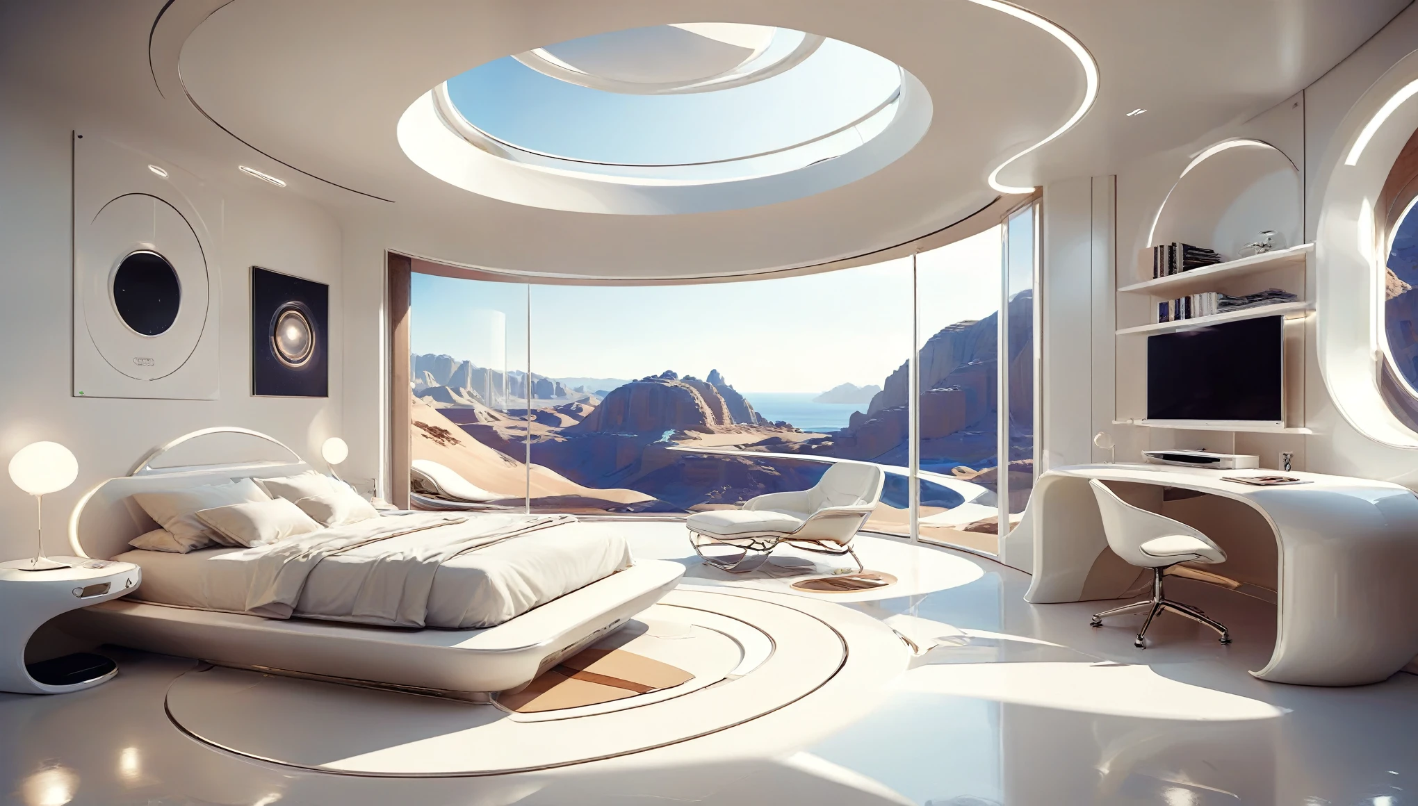 Bedroom study concept for futuristic residence incorporates organic fluidity、Circles and geometric shapes，and use artistic imagination to render houses and landscapes, Pure white technology style，Spacious indoor space，super exquisite details，4K quality rendering，Real light and shadow