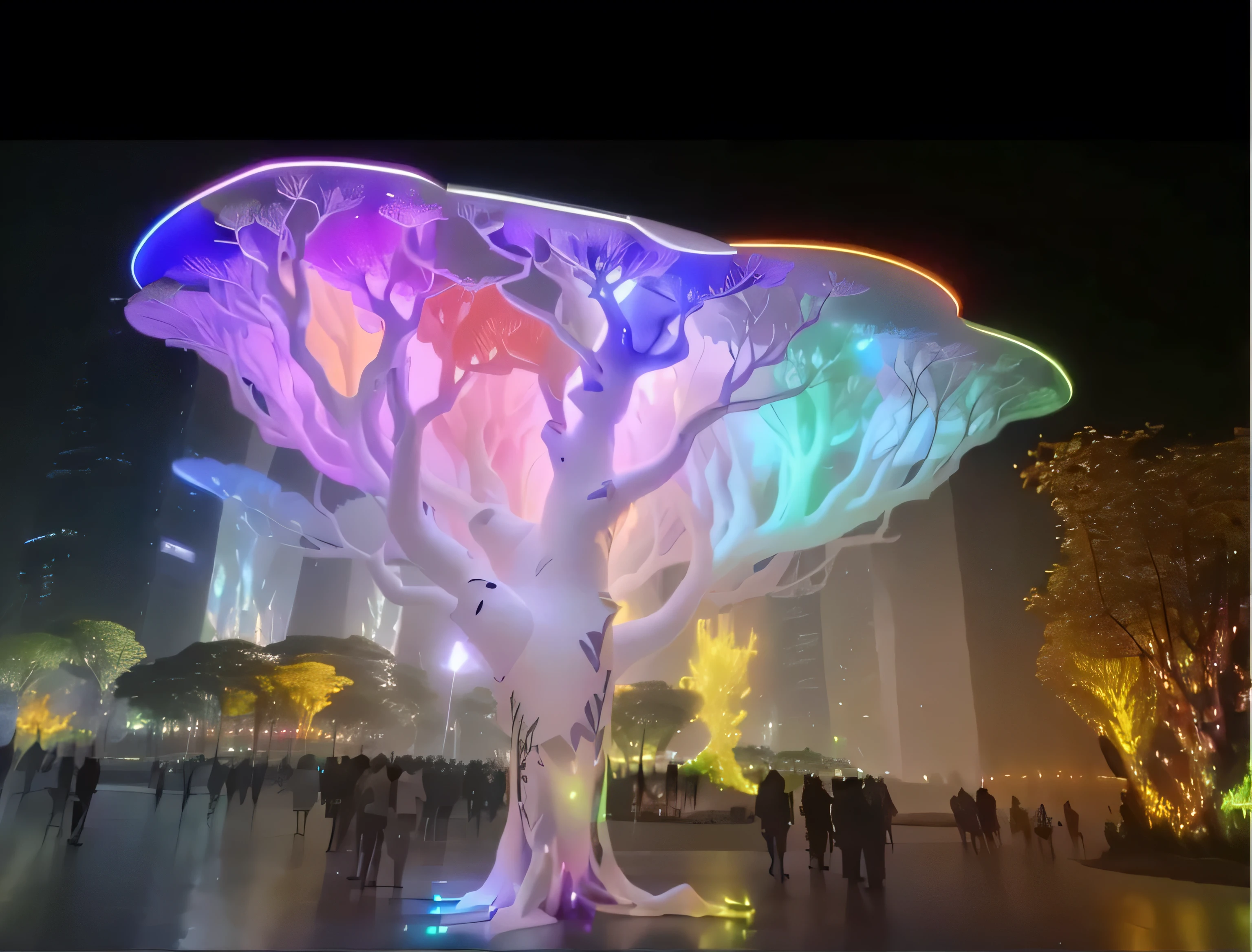 araffe sculpture of a tree with a colorful light up top, giant fluorescent fungi, magical tree, weird alien trees, futuristic decoration, alien trees, shenzhen, magic tree, youtube video screenshot, interactive art, led lights around the place, rgb ethereal lighting, the world tree, an enormous silver tree, colorful otherworldly trees, giant white tree