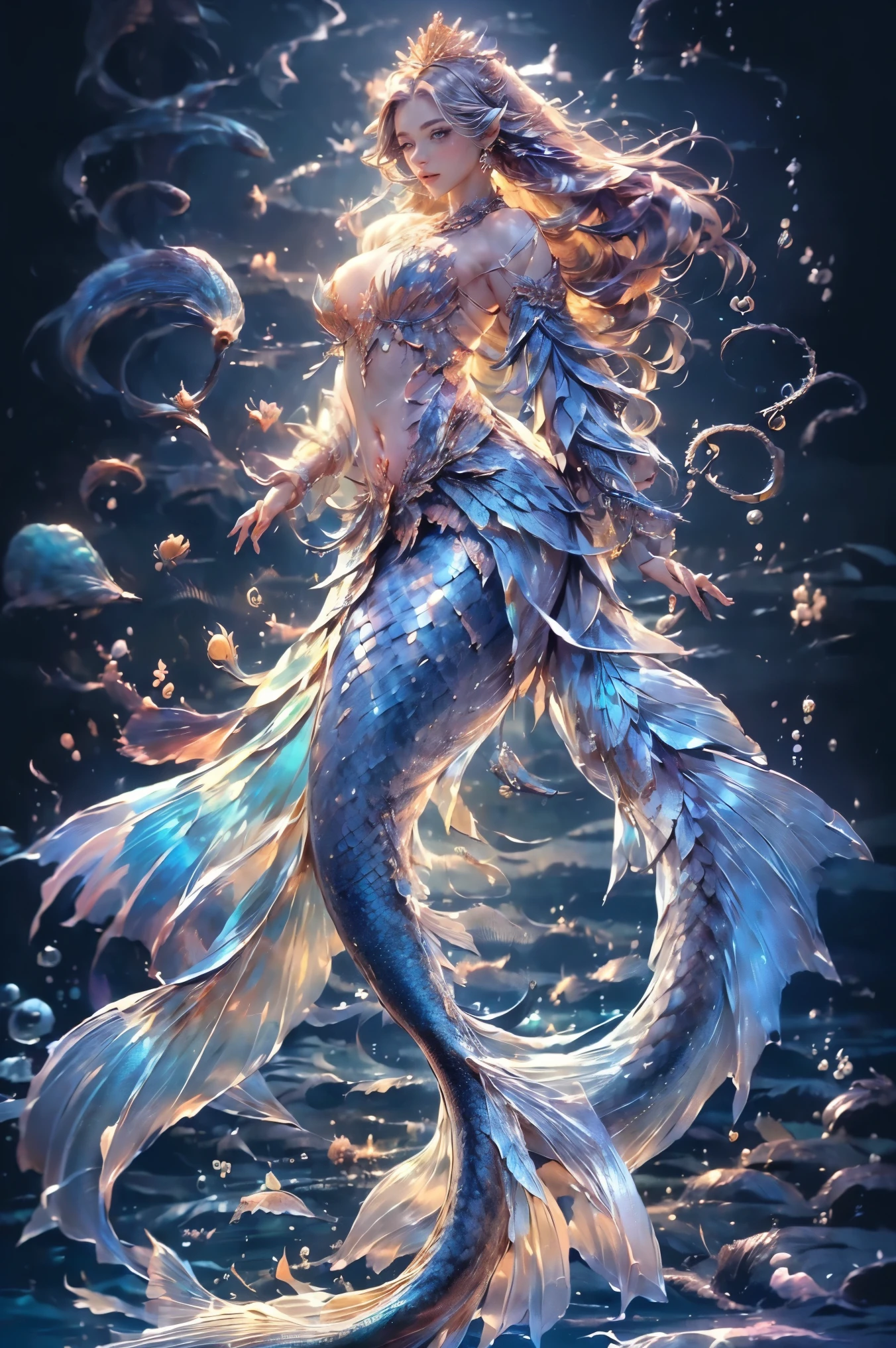 ((masterpiece, highest quality, Highest image quality, High resolution, photorealistic, Raw photo, 8K)), ((Extremely detailed CG unified 8k wallpaper)), (huge stunning goddess shot, very hot and sexy, jaw-dropping beauty, perfect proportions, beautiful body, slim body beauty:1.4), a ((mermaid princess)) with long flowing hair, detailed facial features, ((The lower half is fish without legs, intricate tail scales:1.5)), , It has no legs, but scales and a tail fin, elegant crown, underwater seascape, 